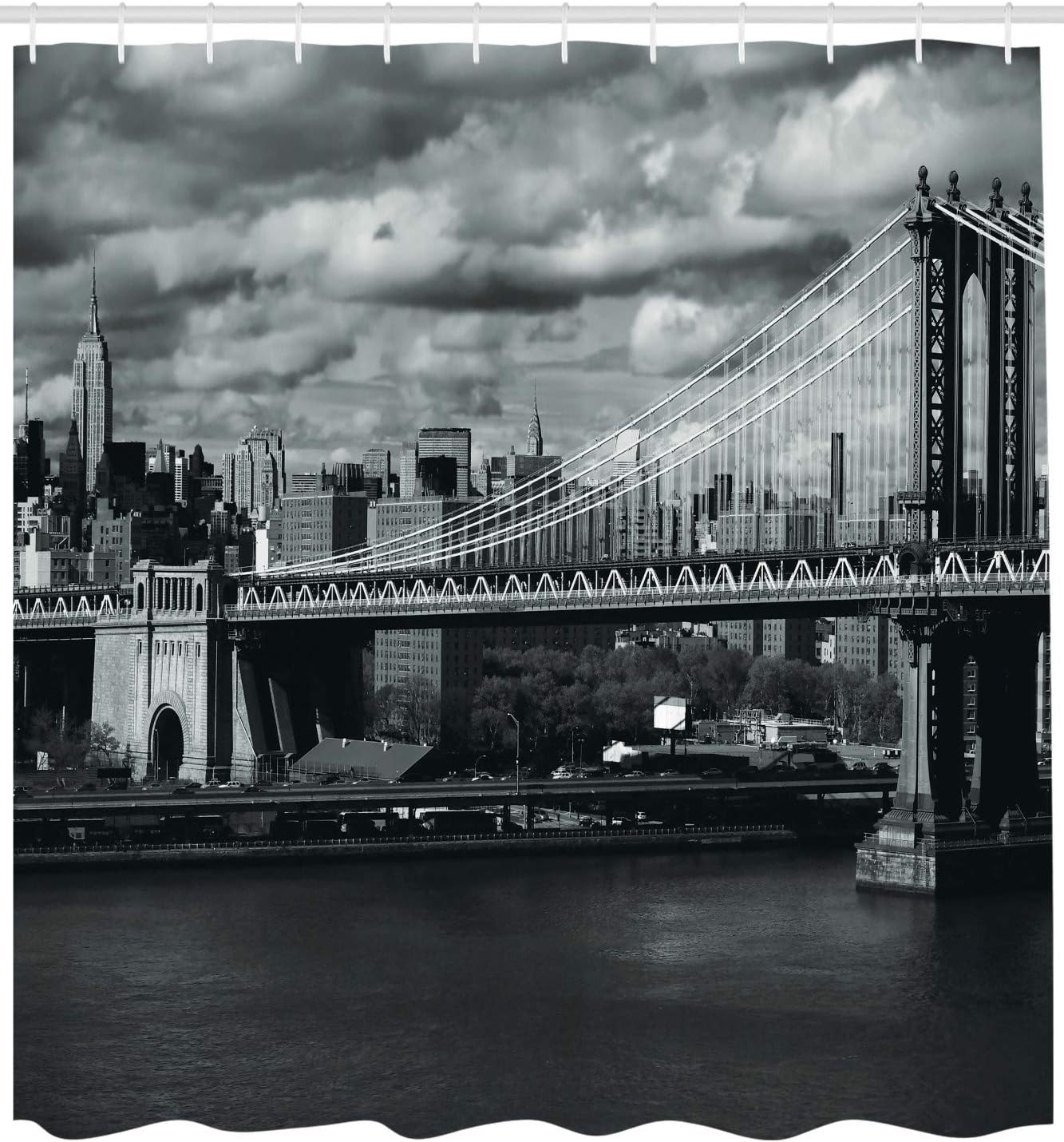 Ambesonne New York Shower Curtain, Black and White Panorama of NYC Skyline Focus on Manhattan Bridge Photograph Print, Cloth Fabric Bathroom Decor Set with Hooks, 69" W x 70" L, Grey