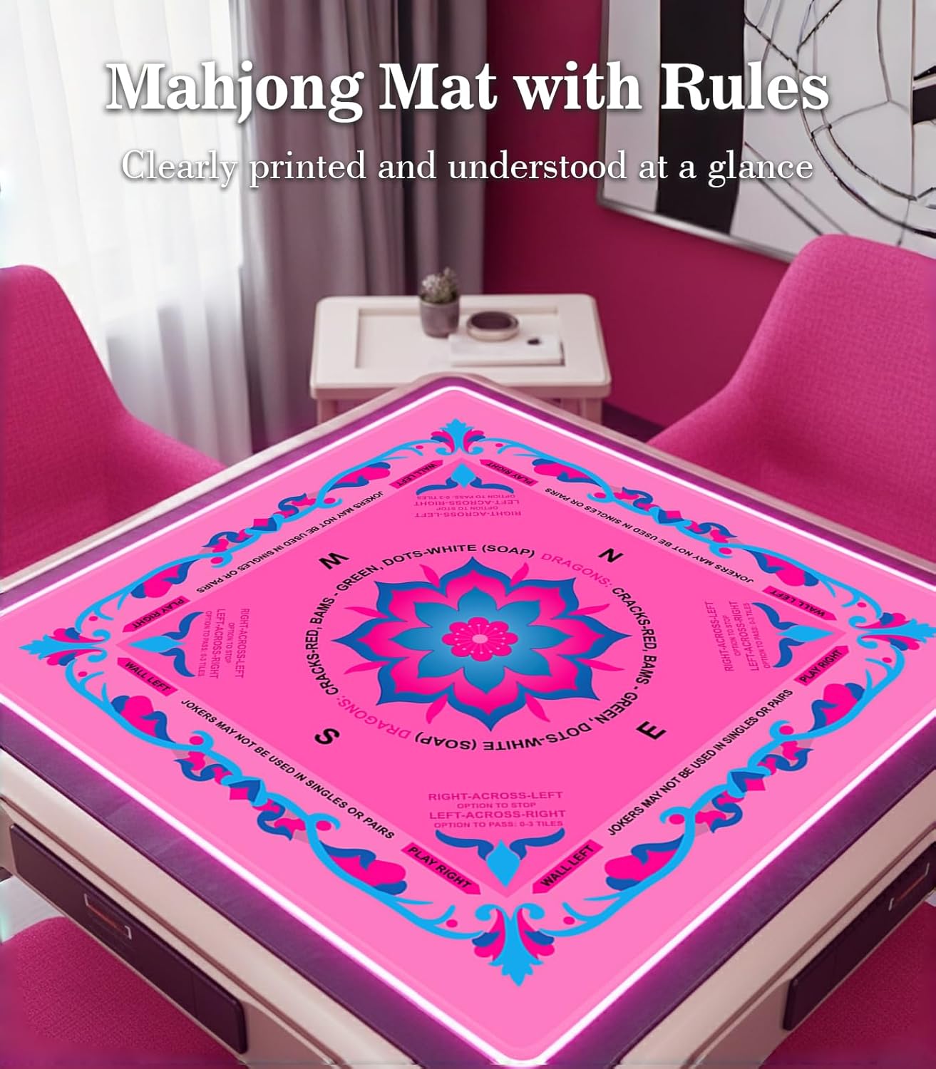 Neoprene Mahjong Mat with Rules, 33x33 Inch Mahjong Mat for Table, Non-Slip Noise Reduction Mah Jongg Mat with Carrying Bag and 3 Dice for Card, Board, Poker, Tile Games, Dominoes (Pink)