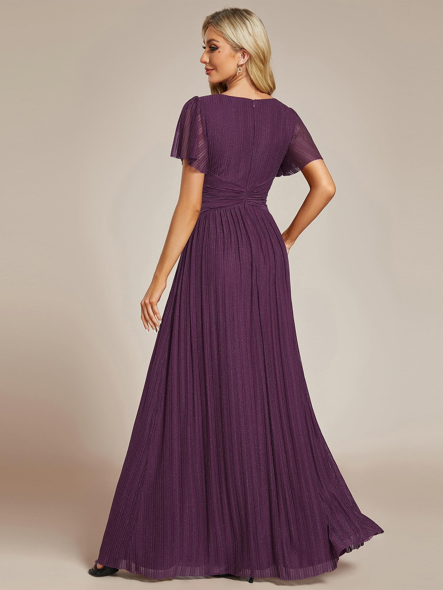 Ever-Pretty Abito da Sera Lungo per Donna, Maniche A Volant, Scintillante, Plissettato, Scollo A V, Vita Impero, Elegante EE11961-P