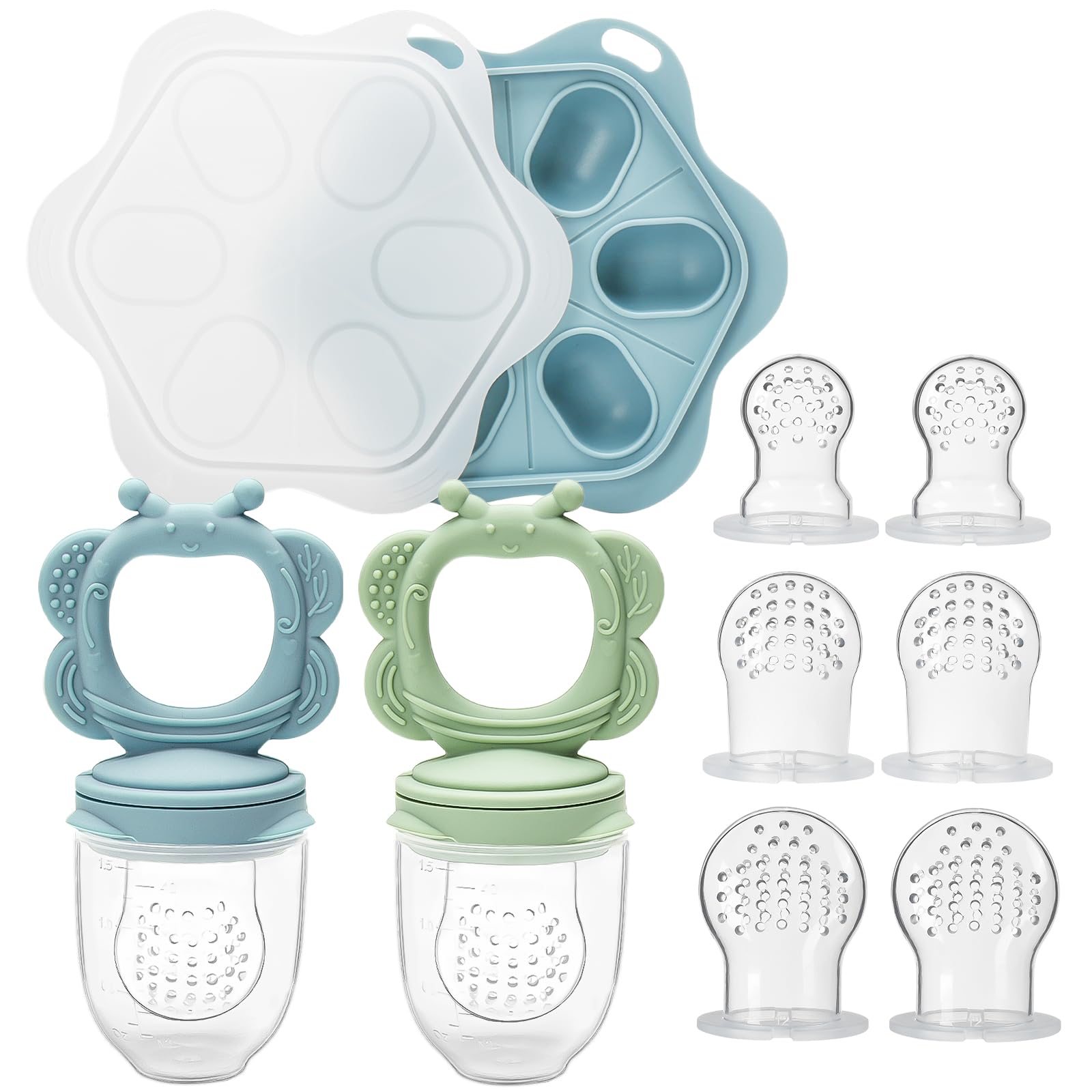 CLDY Baby Fruit Food Feeder & Mini Freezer Tray Combo, 3 Month+, Breastmilk Popsicle Freezer Molds for Baby Cooling Relief, BPA Free Silicone Feeder Fruit Pacifier for Toddler Teething Self Feeding