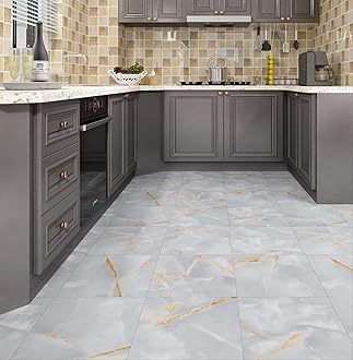 FunStick 30 Pack Peel and Stick Floor Tile Waterproof 12 x 12 Inch Grey Gold Marble Vinyl Flooring Peel and Stick for Bathroom Floor Tile Stickers Kitchen Laundry Room Bedroom Garage Laminate Flooring