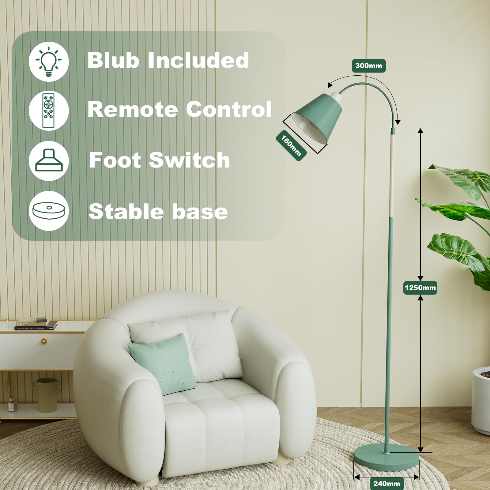 SIBRILLE E27 Lampada da Terra Dimmerabile, con Telecomando, max 60W 3000K-6000K, Altezza 168 cm Lampada da lettura con Testa di luce flessibile per Soggiorno e Studio con Lampada a LED (Conico)