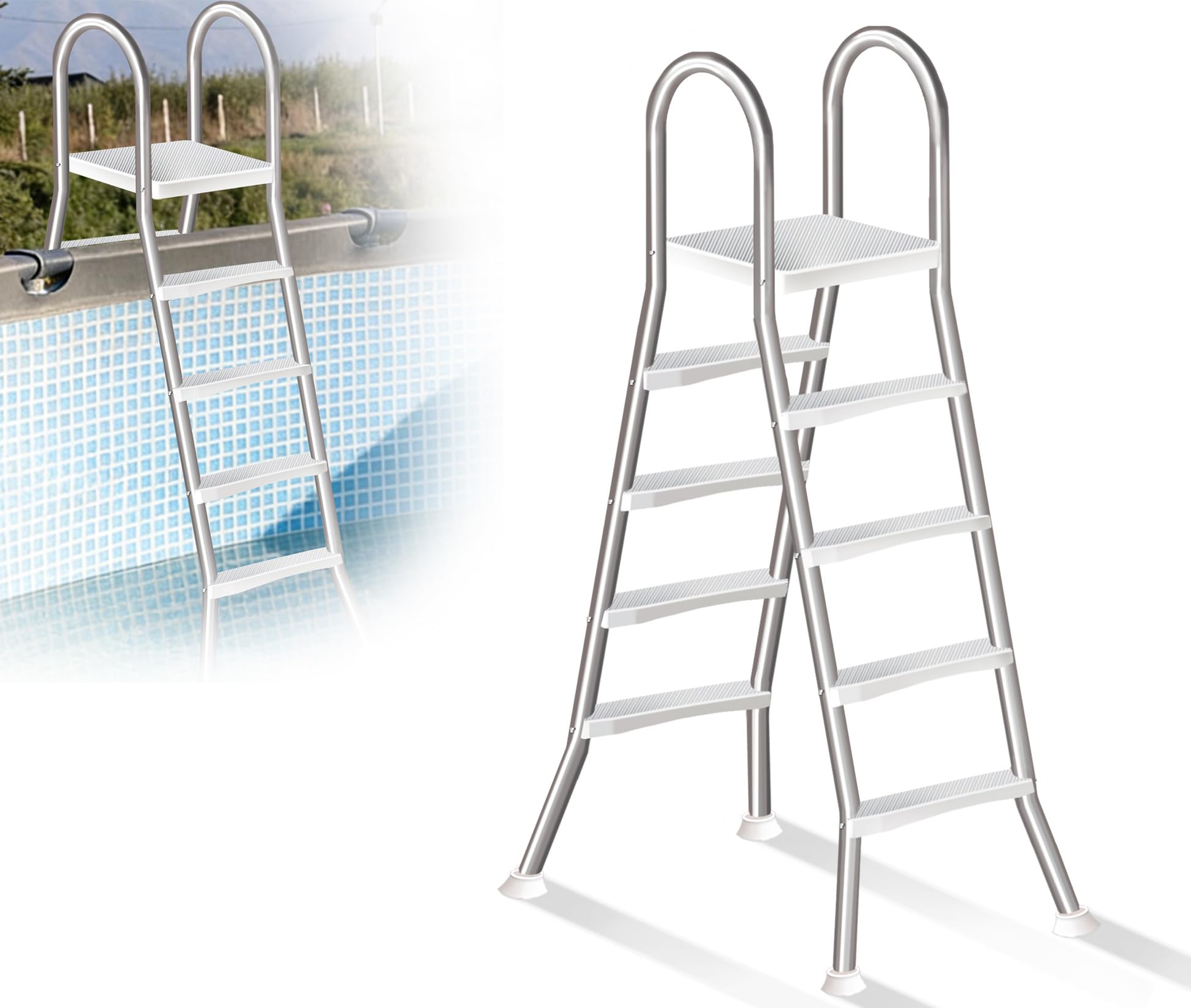 All-Weather Above Ground Pool Ladder, 4 Steps Heavy Duty Pool Stairs with Double Sided Anti-Slip Pedals, Stainless Steel Structure, 250kg Load for 135cm Outdoor Pool,135cm