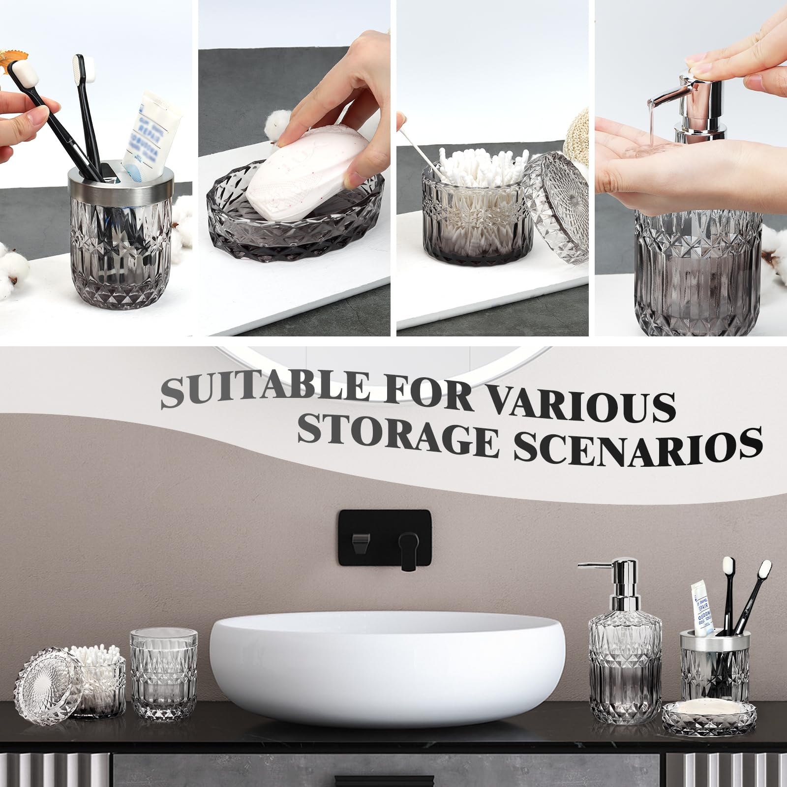 5-teiliges Badezimmer-Set aus Glas, Stilvolle Badezimmer-Deko mit Seifenspender, Zahnbürstenhalter, Wattepad-Halter, Becher, Seifenschale für Waschtisch, Badezimmer (Grauer Farbverlauf)