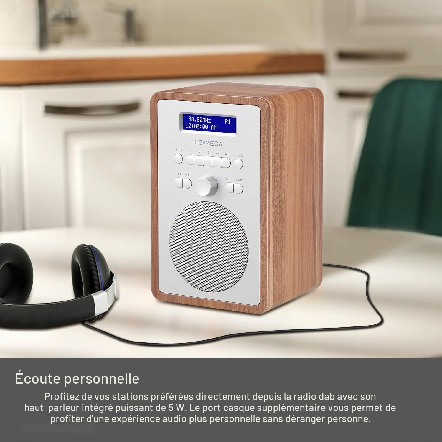 LEMEGA CR2+ Radio Dab/Dab+/FM, Secteur, Double Alarme, Noyer