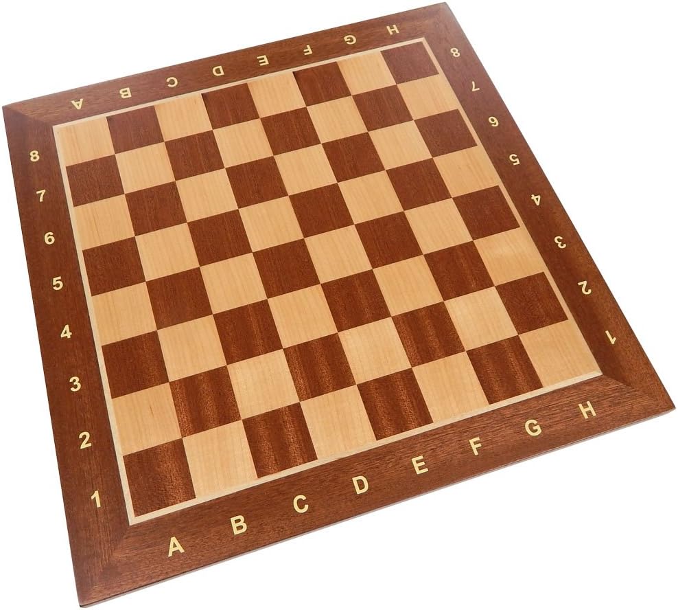 Requa Chess Board with Inlaid Wood and Ranks and Files (Numbers and Letters on Side) - Board Only - 15 Inch