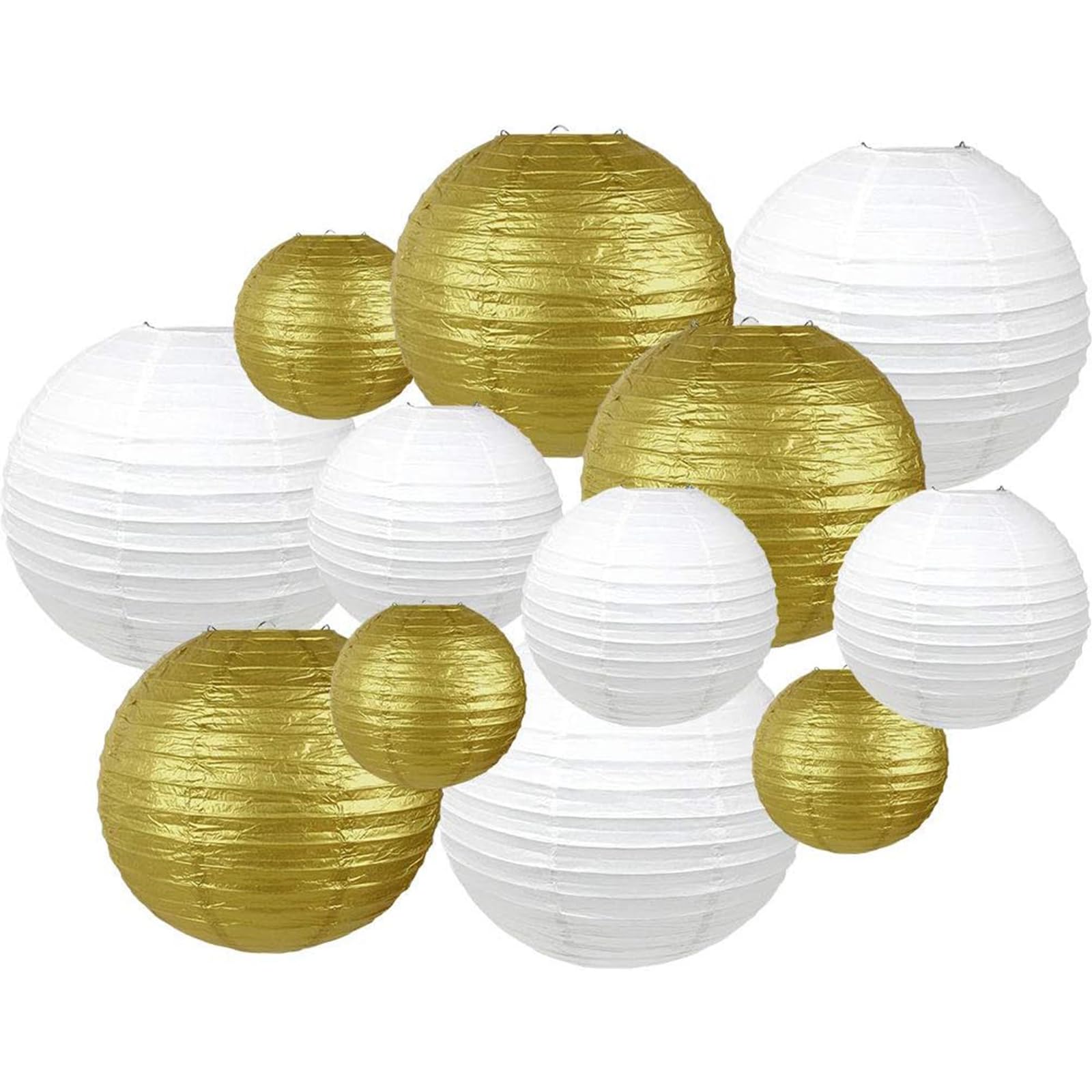 Surwin 12PCS Paper Lanterns, Chinese Lanterns Biodegradable Paper Lampshades Colourful Paper Lanterns for Weddings, Baby Shower, Celebrations, Garden, Party Decor (White/Gold)