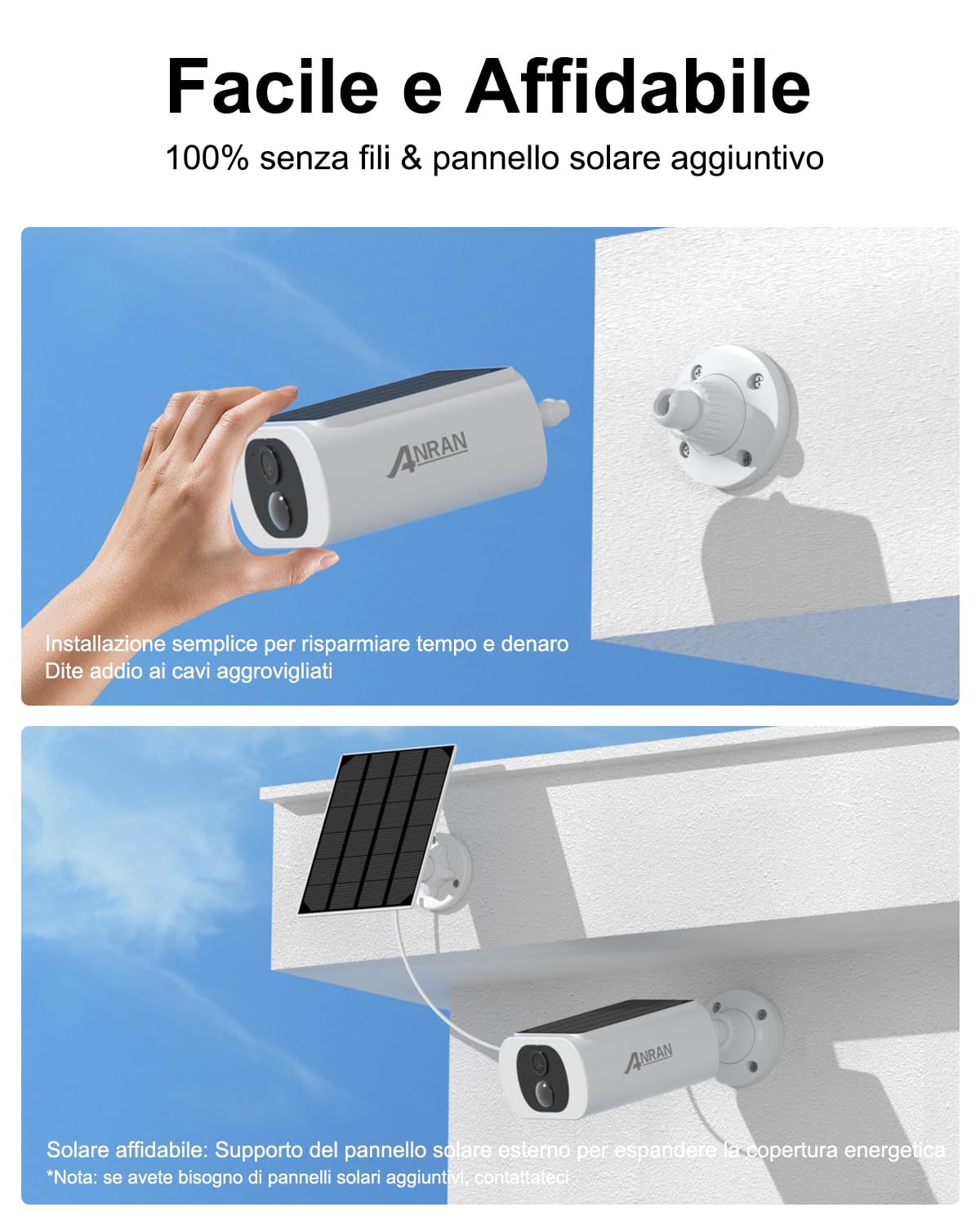 ANRAN Telecamera Wi-Fi Esterno Batteria Senza Fili Con Solare Pannello | 3MP Videocamera Sorveglianza con Visione Notturna a Colori, Rilevamento del movimento, Audio Bidirezionale, Alexa Supporta,C3