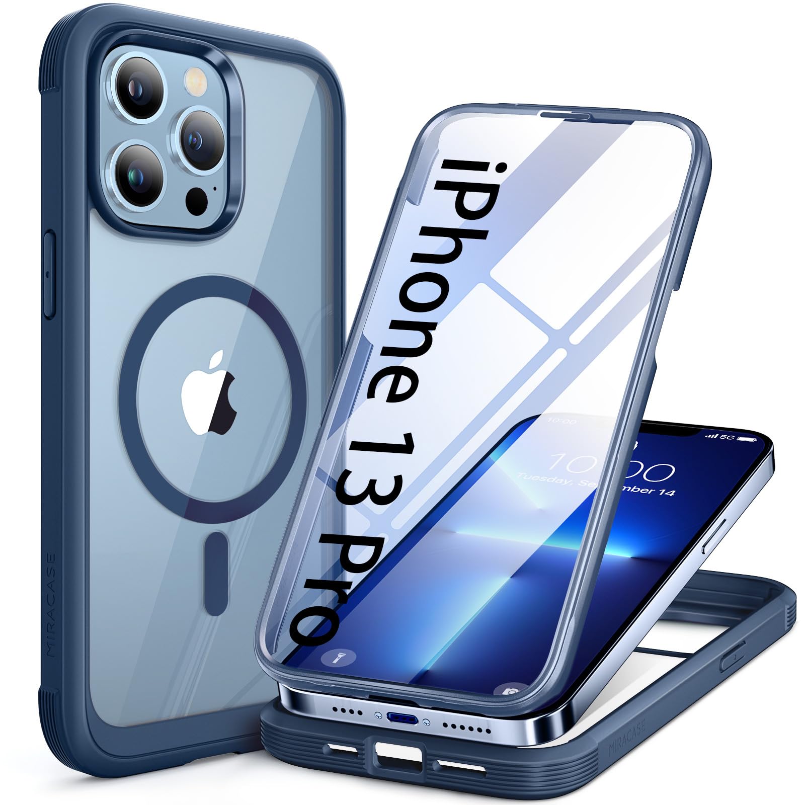 Photo 1 of Miracase for iPhone 13 Pro Case 6.1",Full-Body Protection,Clear Bumper Case with Built-in 9H Tempered Glass Screen Protector,Military-Grade Drop Protection Outdoor Phone Case for 13 Pro,Dark Blue