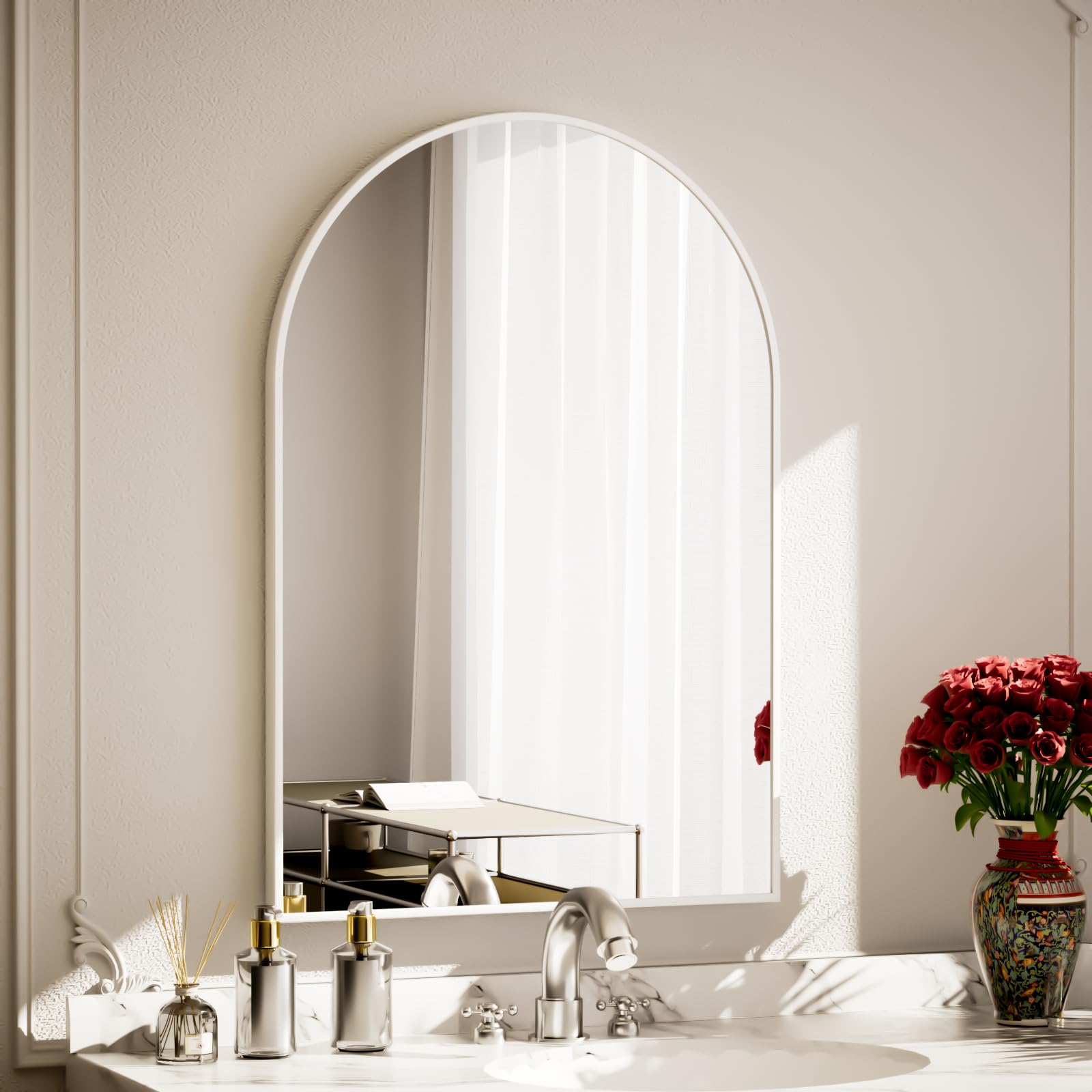 Koonmi Espejo blanco 51 × 76 cm espejo decorativo de pared arco semicircular, espejo de pared blanco espejo de baño con marco de aluminio para baño, pasillo, salón, dormitorio