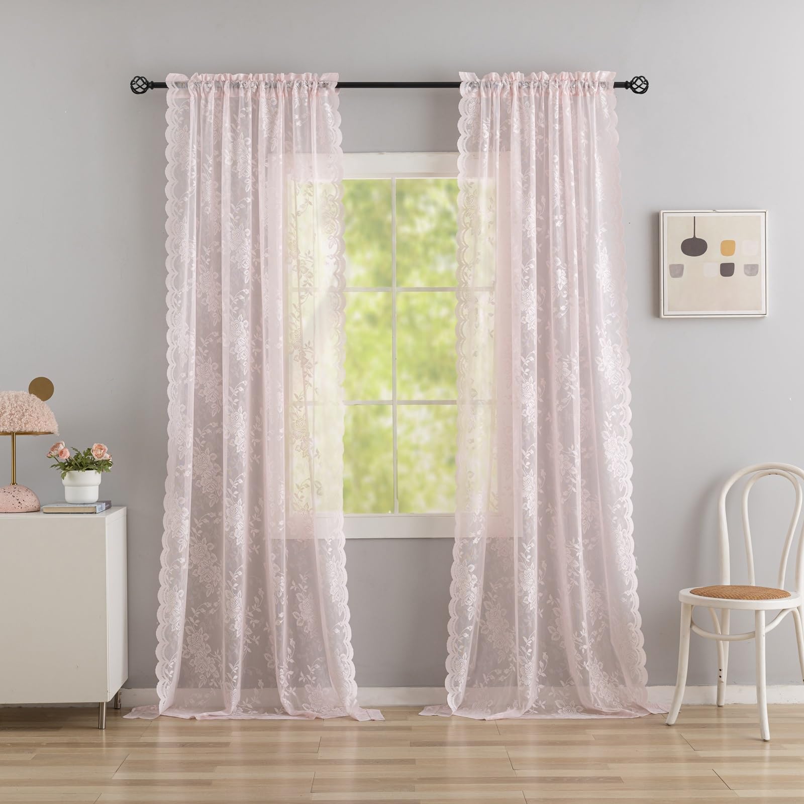 Pink Sheer Curtains 2 Panels Set 96 Inch Long - Vintage Floral Patterned Elegant Chic Lace Curtain Panels for Girls Baby Window Living Room Bedroom
