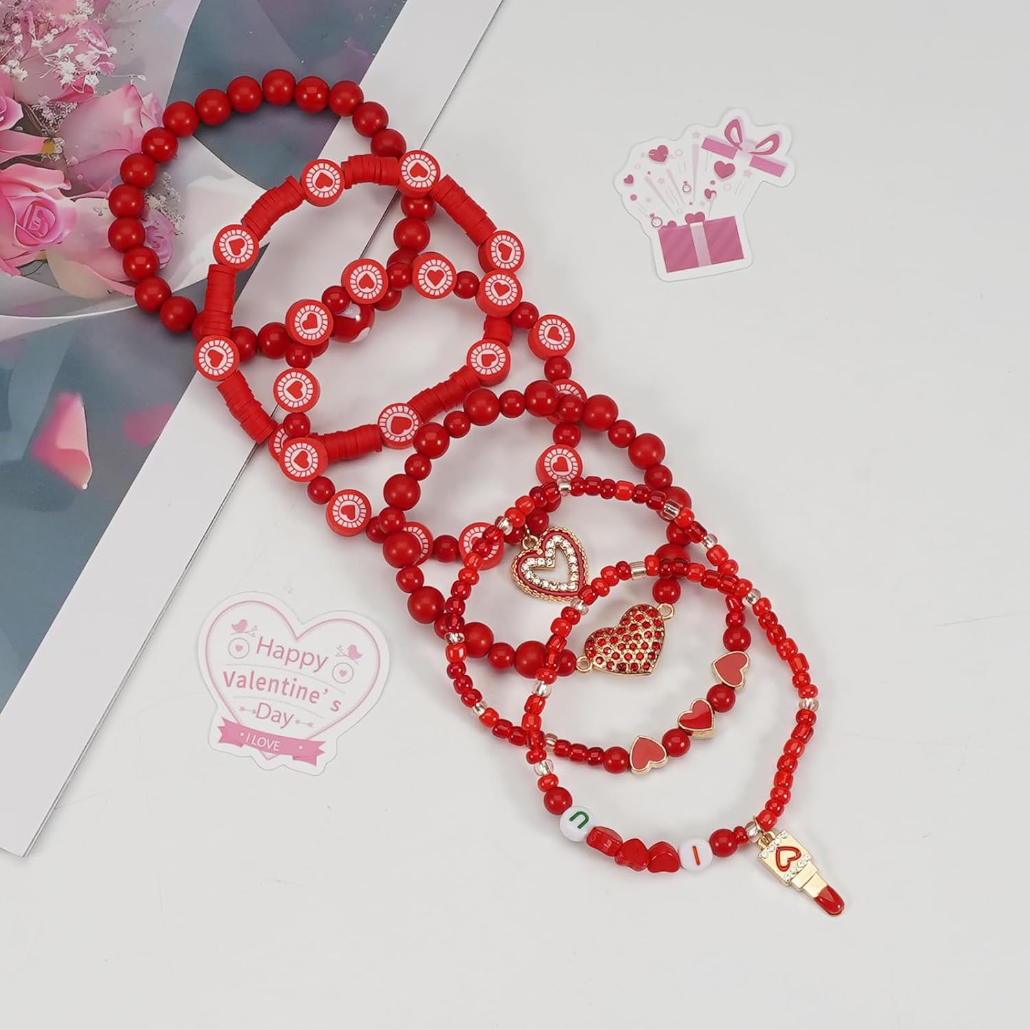 Lonext Beaded Stretch Bracelet for Women, Boho Y2k Style, St. Patrick's Day Valentine's Day Theme, 7.0 Inch, Clay Material - Image 5