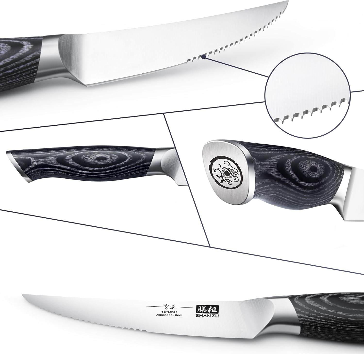 SHAN ZU 6 Pc Steak Knife Set, 4.5 Inch High Carbon Japanese Super Steel Steak Knives, Ultra Sharp Kitchen Steak Knife with K133 Ergonomic Handle, Black Tortoise Genbu Series - Image 4