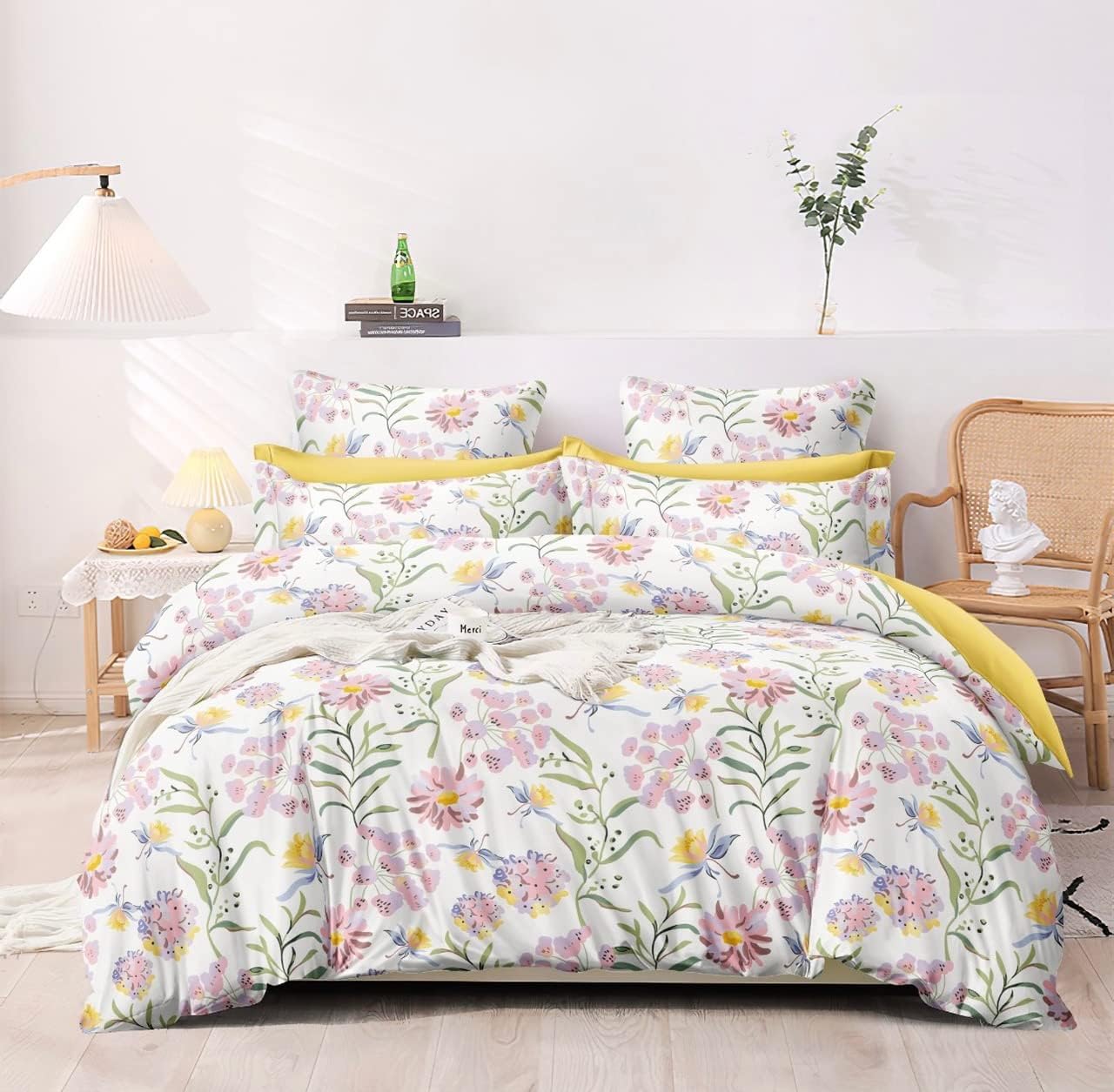 MIL FurnishingsElegant Soft Glace Cotton Elastic Fitted Bedsheet with 2 Pillow Covers Super King Size 72"x78" Fits Upto 12 inches Mattress, (White Plants)