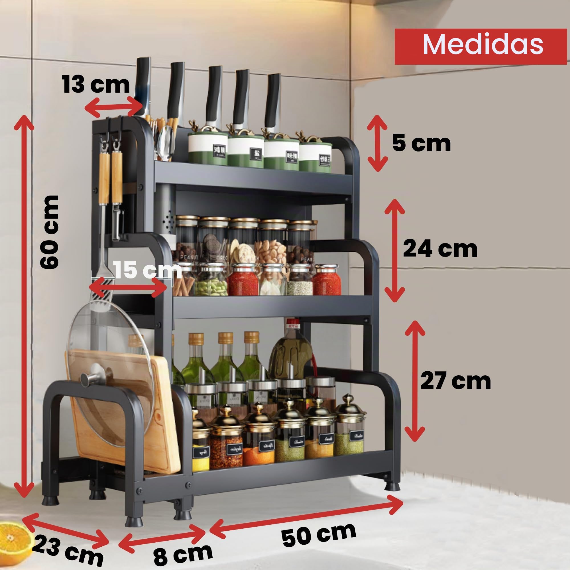 MAGIC SELECT Organizador de Especias. Especiero para la Cocina de 3 Niveles. Estante de Condimentos, Almacenamiento de Botes, Hierbas y Vajilla para la Despensa. Acero al Carbono.