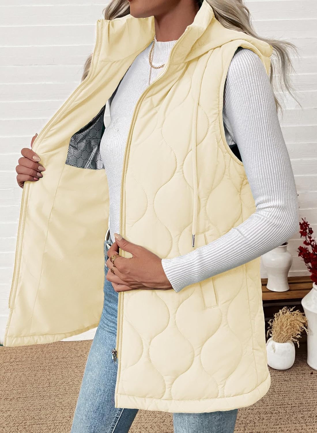 EVALESS Long Puffer Vest Women Sleeveless Hooded Puffer Jacket Lightweight Quilted Jackets Winter Warm Zip Up Coat Outerwear - Image 5