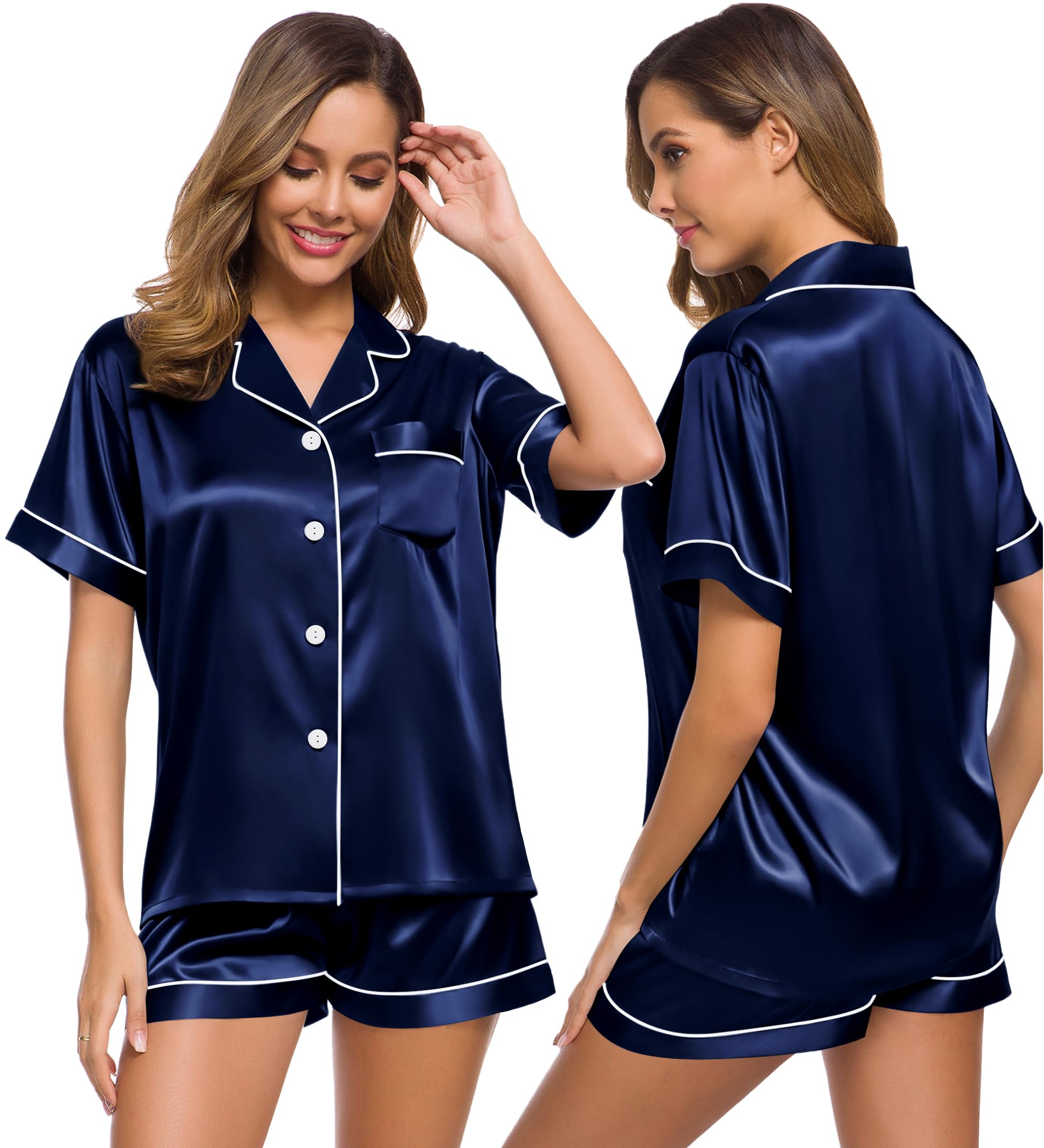 SWOMOG Womens Silk Satin Pajamas Set Short Sleeve Sleepwear Button Down Top and Shorts Loungewear 2 Piece Pjs Set XS-3XL