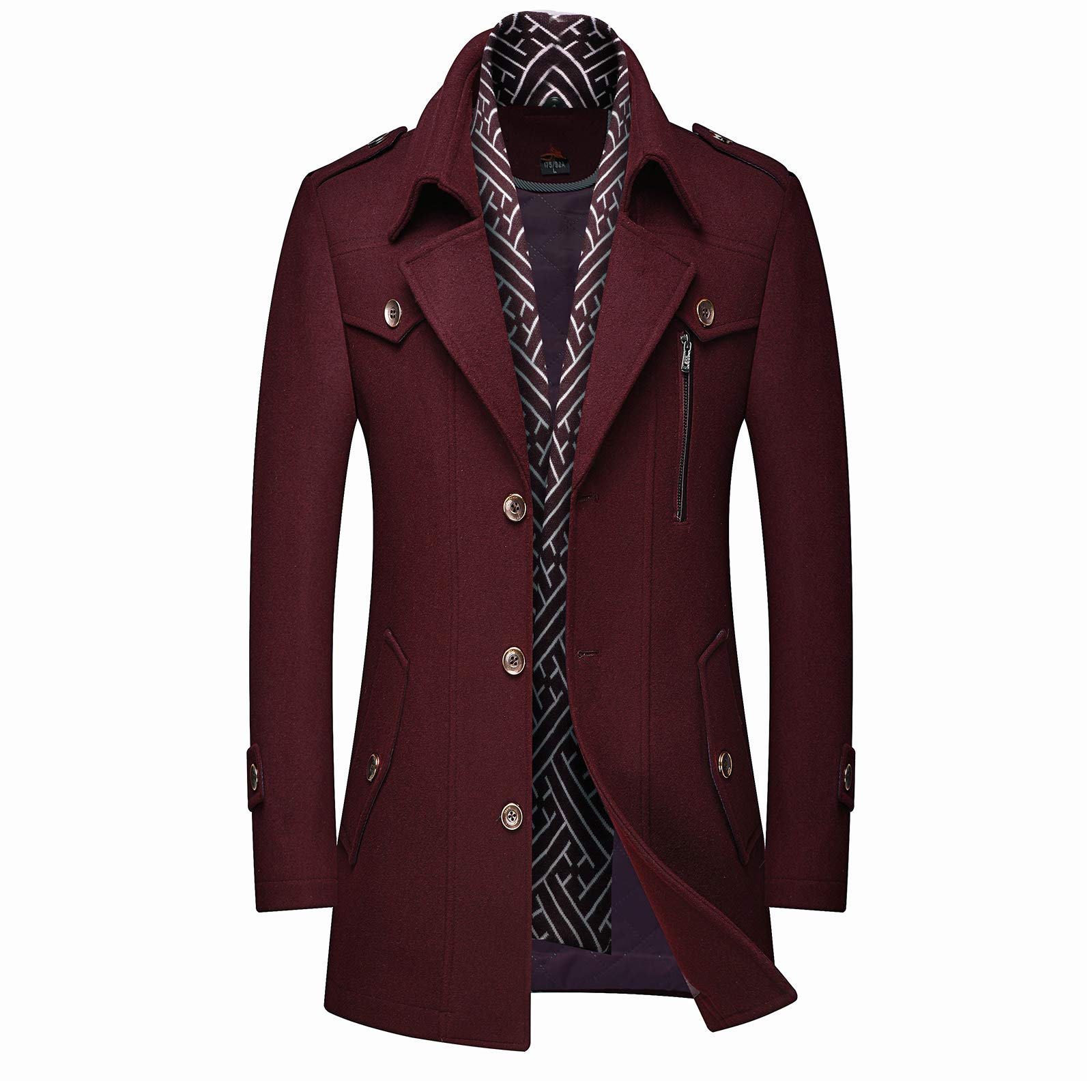 Photo 1 of INVACHI Men's Wool Blend Coat Warm Winter Trench Coat with Detachable Soft Scarf Single Breasted Overcoat