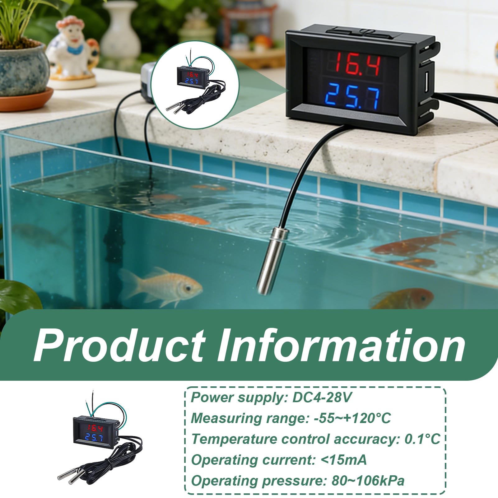 Termometro digitale a LED doppio display con 2 sonde impermeabili DC 4-28V -55°C a +120°C per acquario frigorifero incubatore