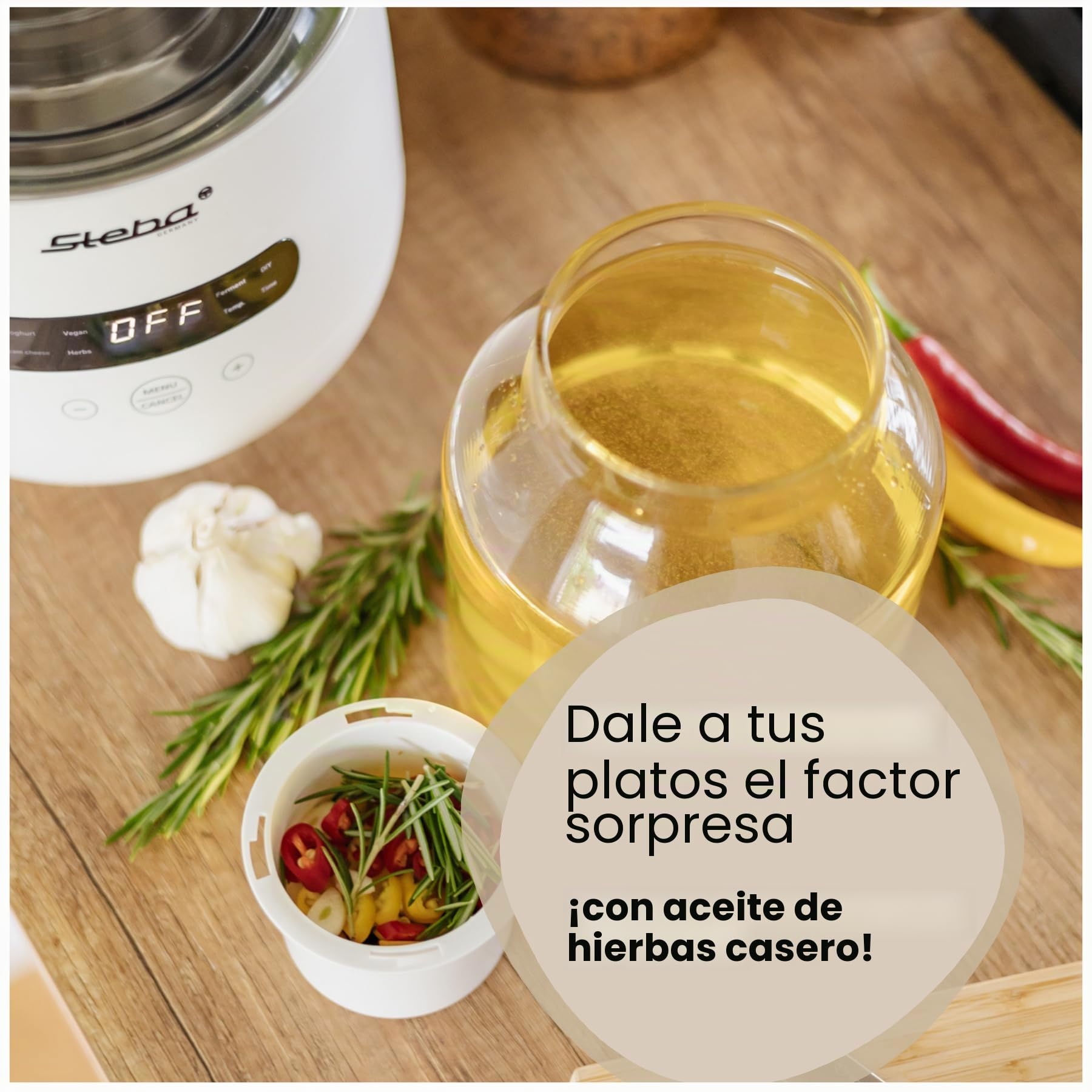 Yogurtera Steba para hacer yogur casero con una consistencia perfecta, 5 programas aromáticos, pies de goma antideslizantes y fácil limpieza. FERMENTO JM 4.