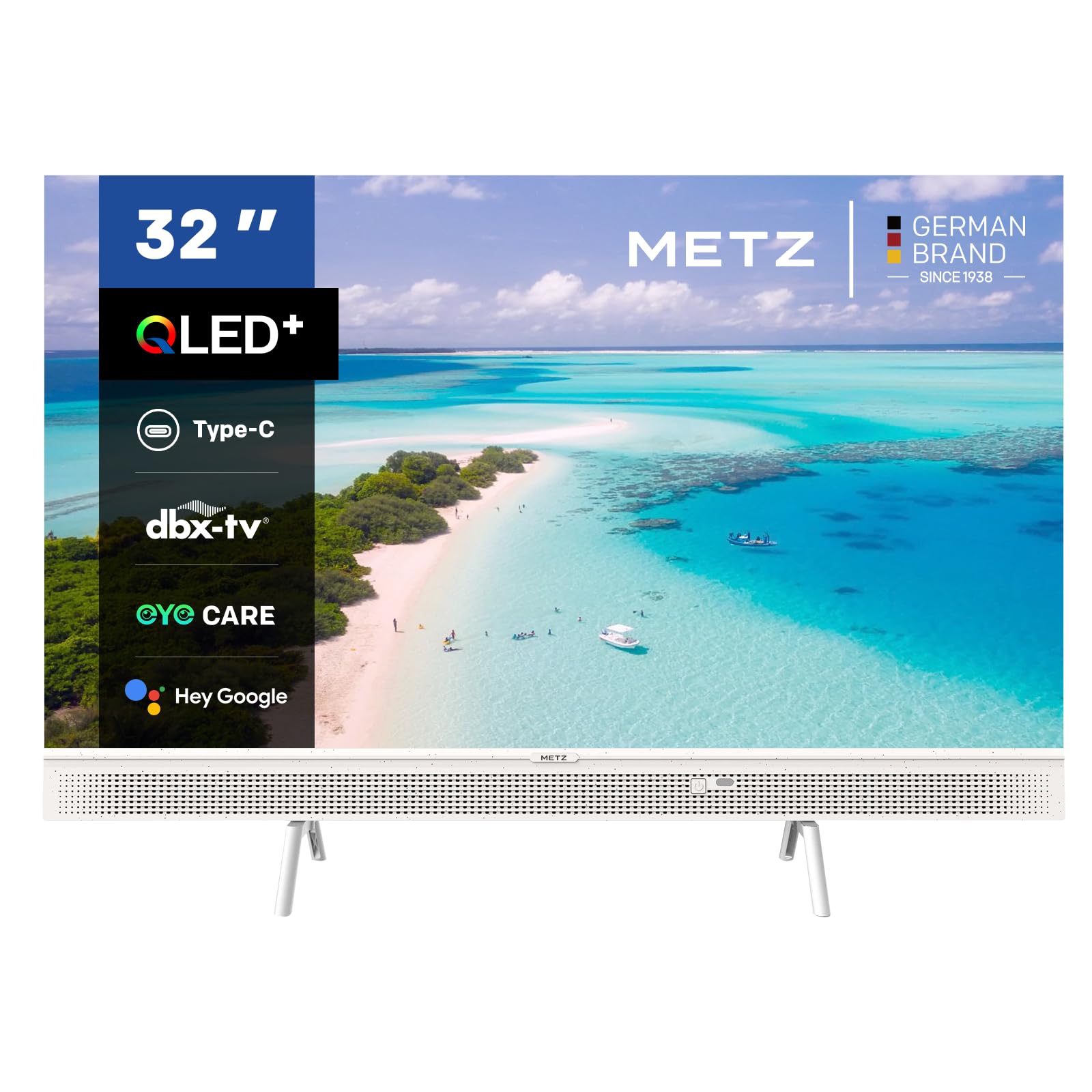 Metz 32 Pulgadas QLED Smart TV Portátil, 32MQE7100Z Google Television, HD, HDR10, 2x10W Potentes Altavoces Frontales, DBX, Dolby Audio, USB-C, Chromecast, Trabajar con Google Assistant, Blanco, 80cm