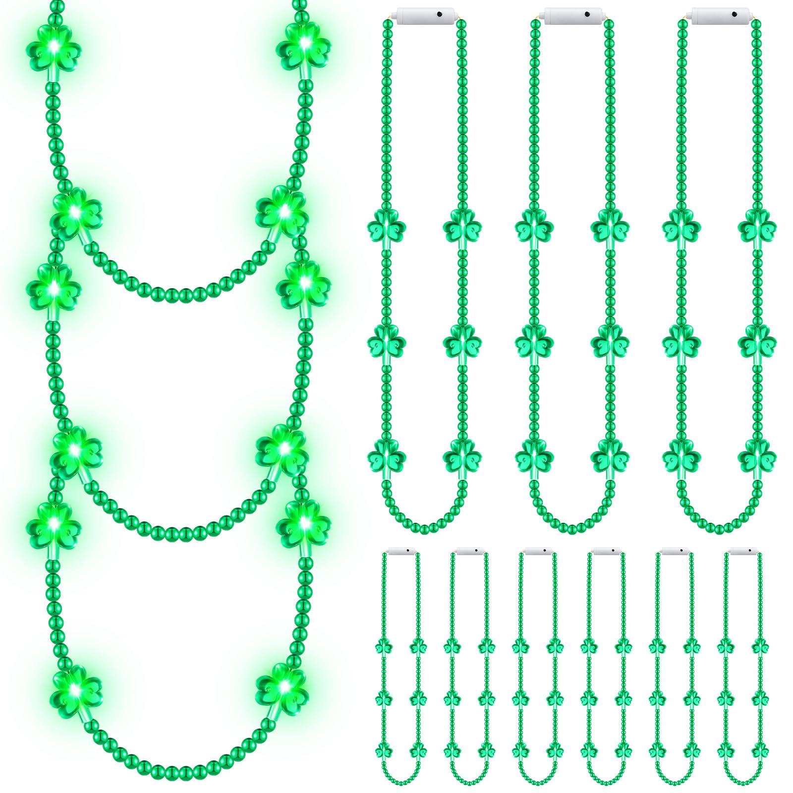 Ecation 12 Pcs LED St Patrick's Day Beads Necklace Colorful Green Light up Bead Necklaces St Patrick's Day Glow Necklace Costumes Accessories for Birthdays Party Favors Supplies (Clover)