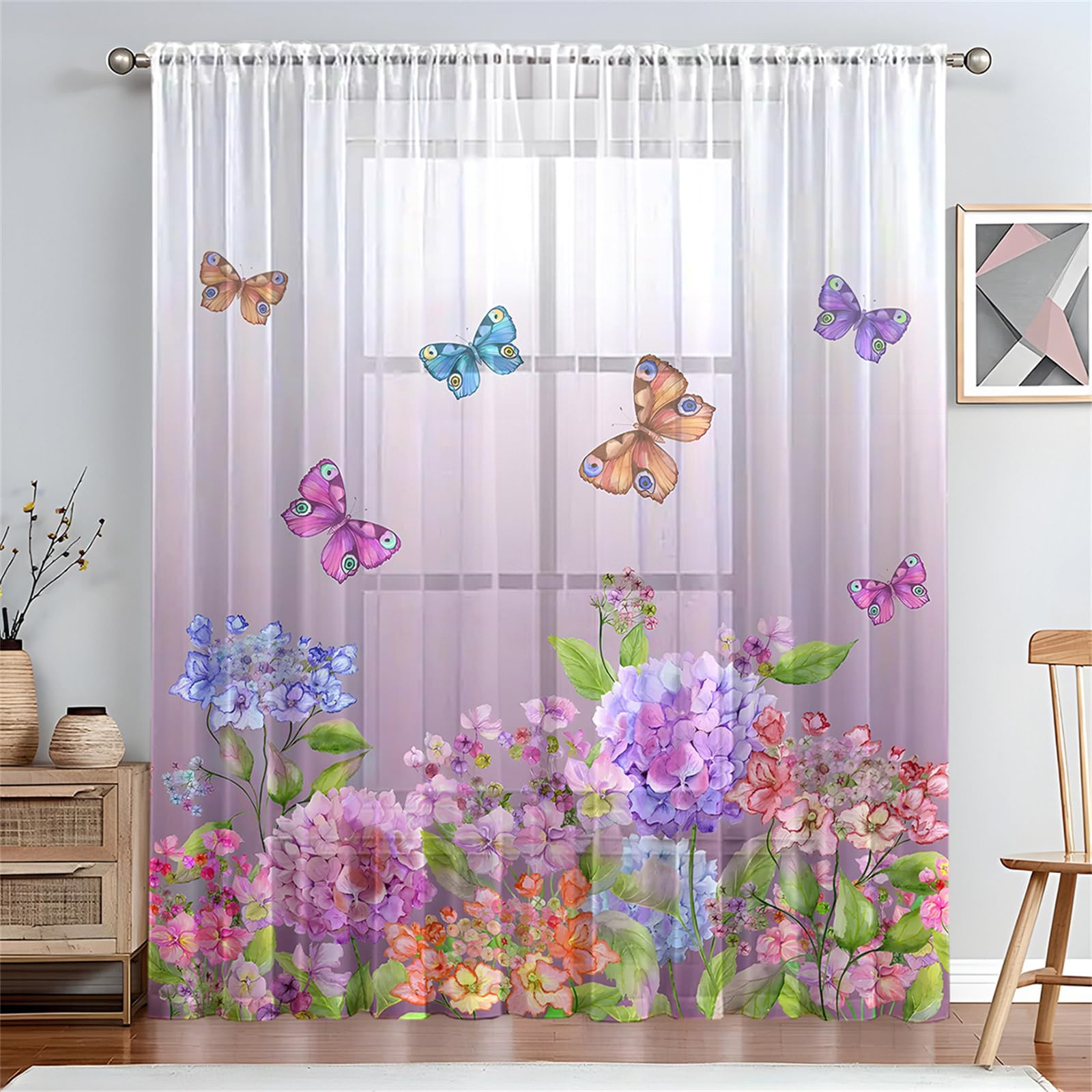 Surwin Net Curtains for Windows, Voile Curtain, 1 Panels Romantic Butterfly Print with Eyelets, Semi Transparent Lightweight Voile Panel for Living Room Bedroom Balcony (Pastoral,W132xH241cm)