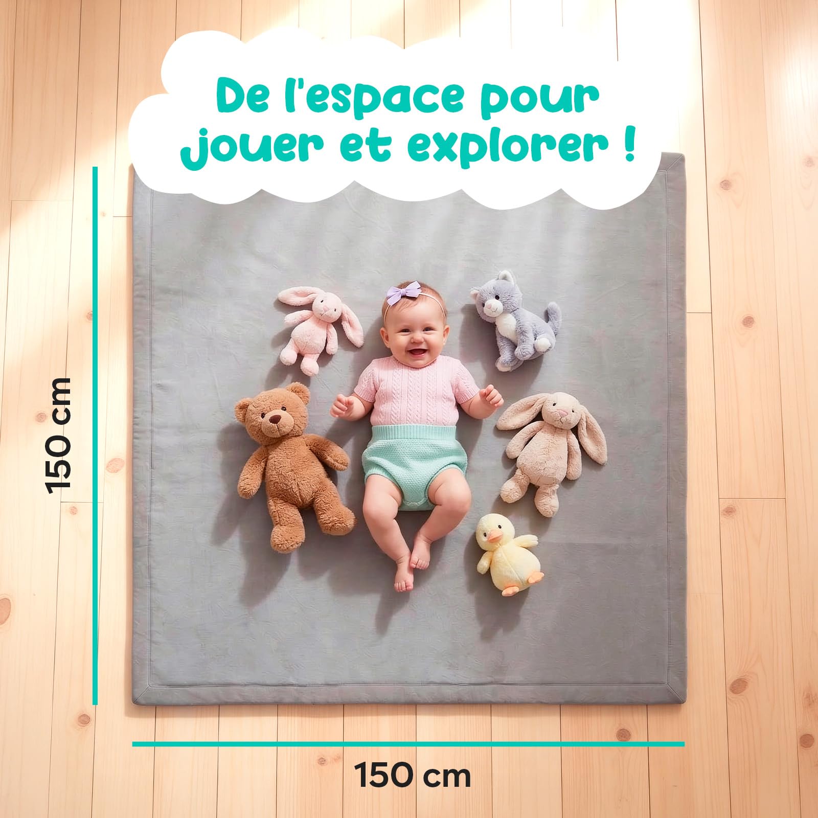 Tapis de Jeu Bébé 150x150 cm – Tapis Bébé Épais 3 cm Mousse à Mémoire de Forme – Non Toxique – Grand Tapis d’Éveil et de Motricité – Antidérapant, Doux et Confortable - Avec Maman