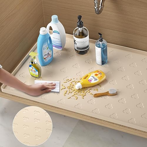 Miniatura 4 de Tapete para debajo del fregadero, tapete impermeable para gabinete de cocina de 34 x 22 pulgadas, forro de silicona flexible para debajo del