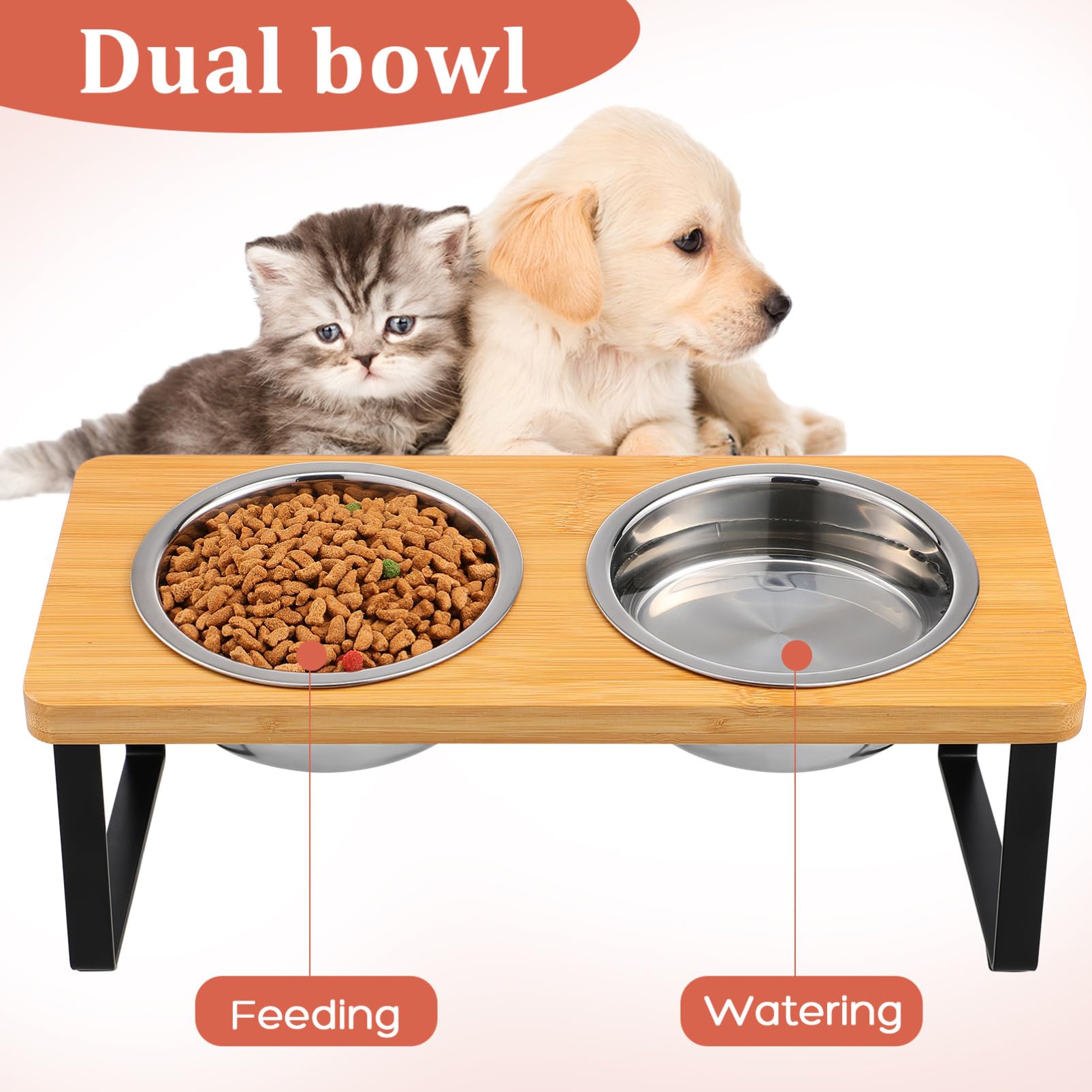 Ciotola per Gatti Rialzata con Doppie Ciotole in Acciaio | Set con Supporto, Uso Interno per Gatto e Cane Piccolo, Design Elegante, Legno e Acciaio Inox