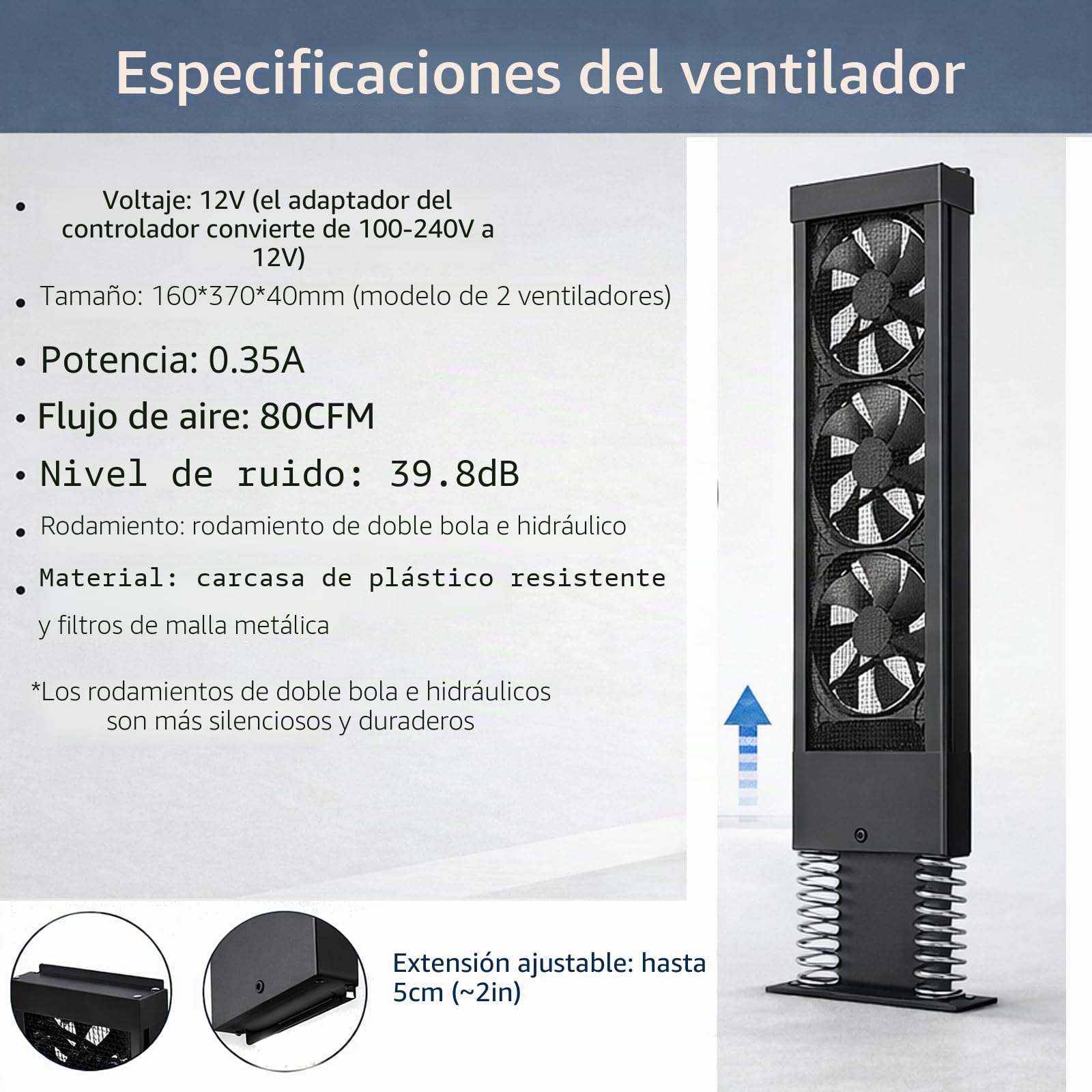 Ventilador de ventana vertical para ventanas corredizas, ventilador reversible de ventana de escape y admisión de flujo de aire, ajuste ajustable 35–150cm (13.8–59in), control de velocidad sin