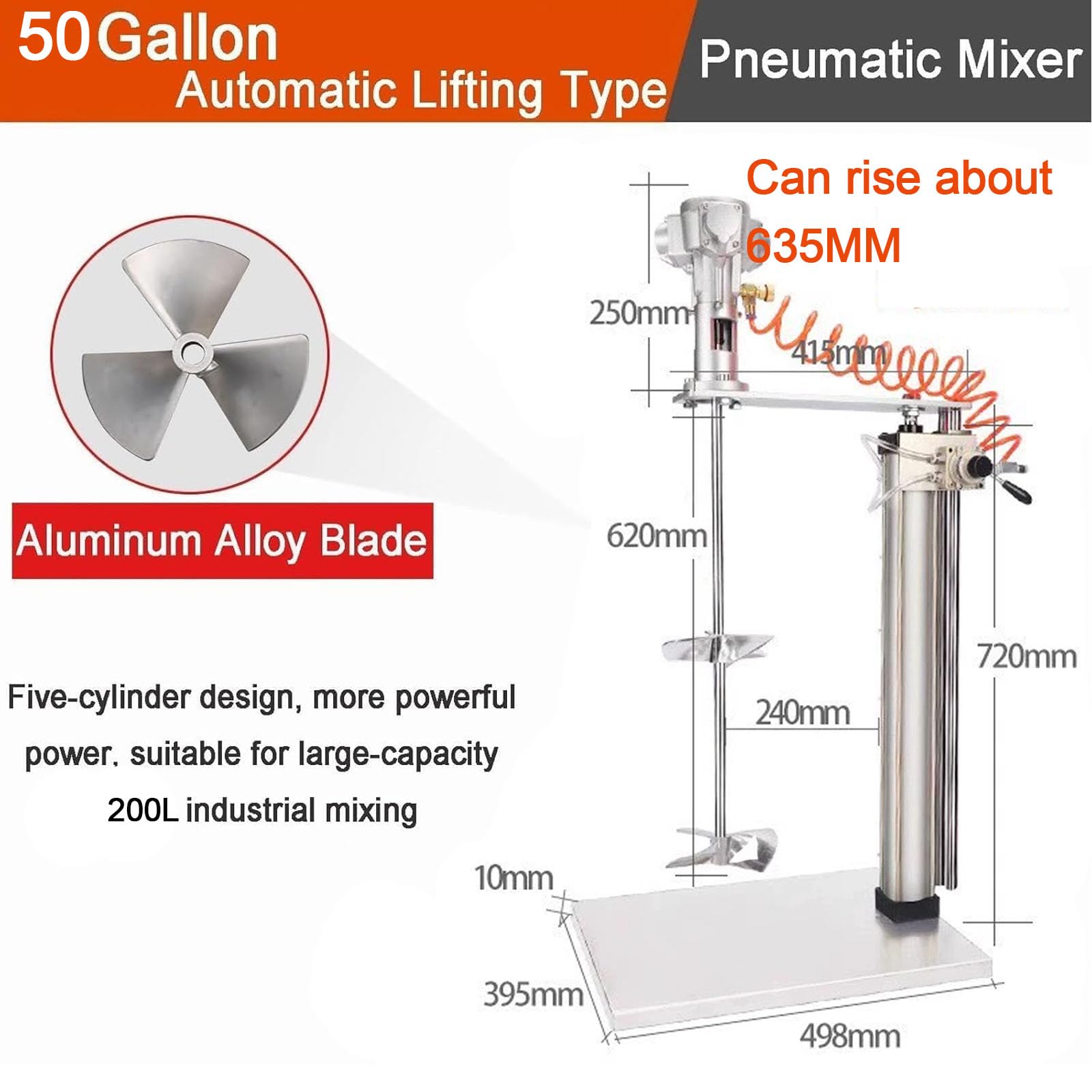 Mezclador de pintura neumático, agitador de aire para líquido viscoso, herramienta de mezcla de 1/2 HP con ajuste automático de altura para tinta y recubrimientos