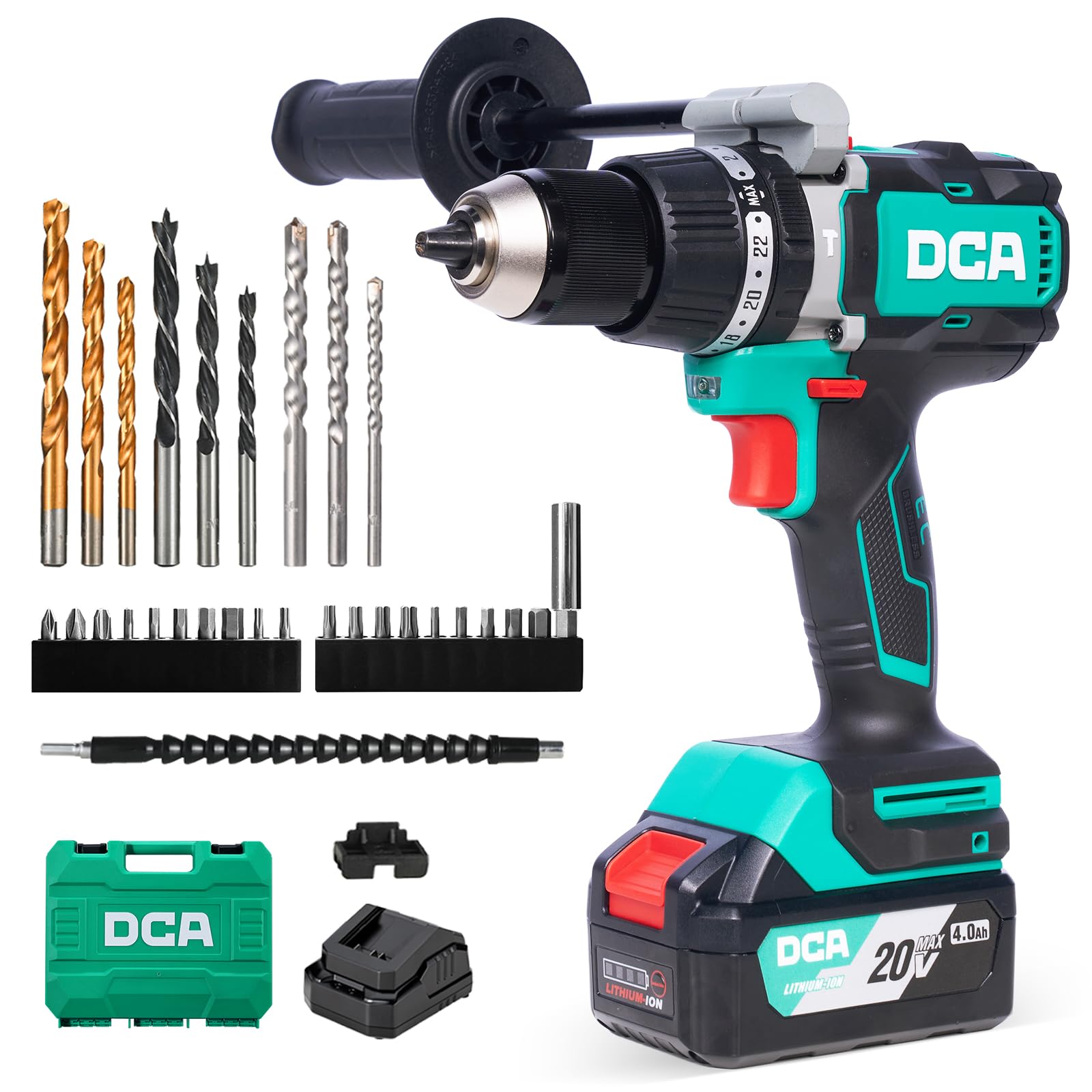 DCA Taladro Percutor Sin Escobillas 20 V, 120 Nm, Portabrocas Metálico 13 mm, Embrague 24+1+1, 32000 Impactos/min, Baterías 4,0 Ah Para Ladrillo, Metal Y Madera