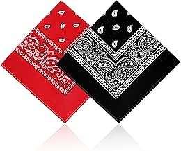2 Pack 100% Cotton Bandanas for Men & Women, Novelty Print Paisley Bandana Headband Scarf Handkerchief Wristband Cowboy Neckerchief Head Wrap Face Mask Gift Sets Red and Black, 21.6” X 21.6”