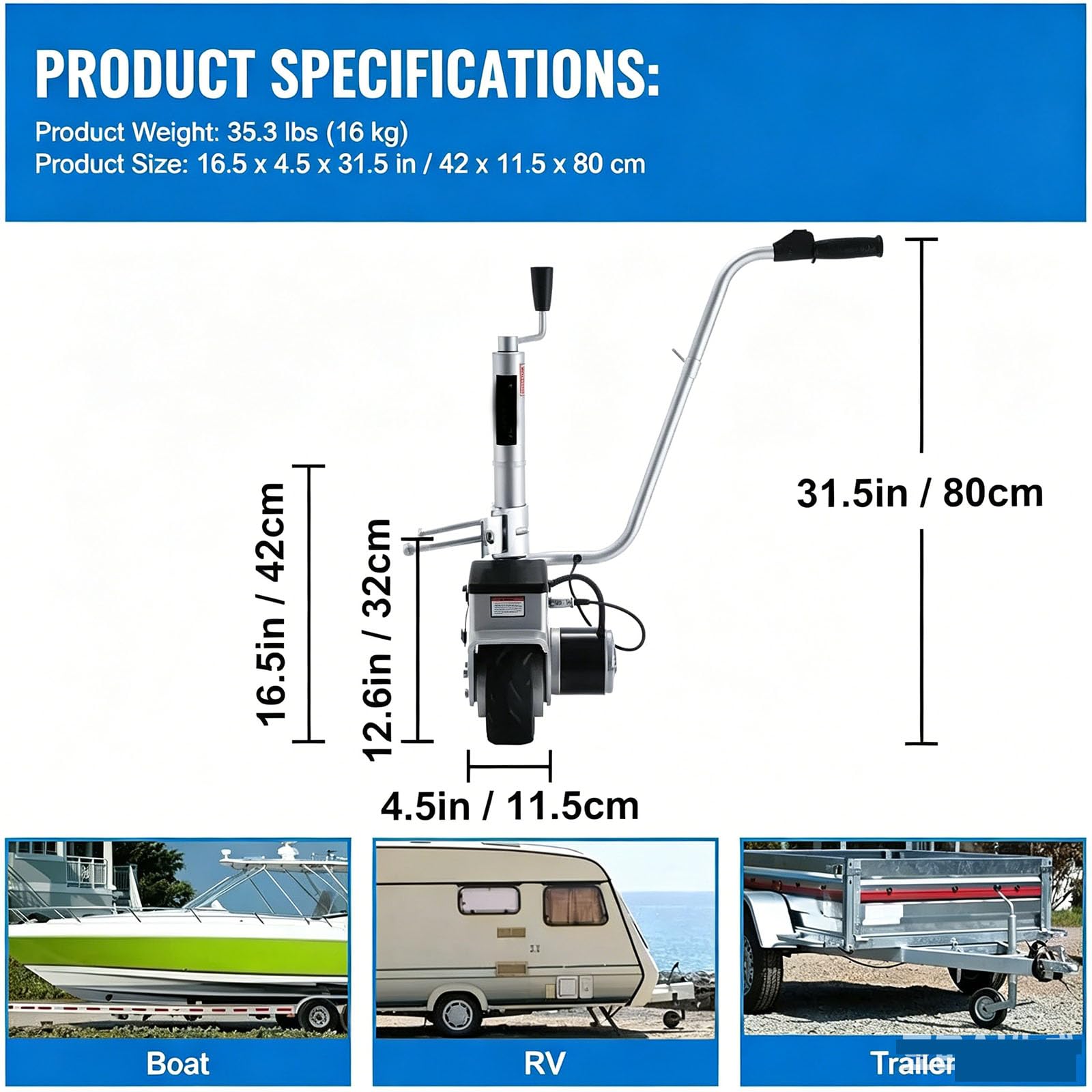 Roue Jockey Remorque Électrique Motorisée, Capacité Max. 272 kg,12V 350W Vitesse,2268 kg Chariot de Remorque, Roue Jockey Motorisée pour Déplacer Caravanes Bateaux