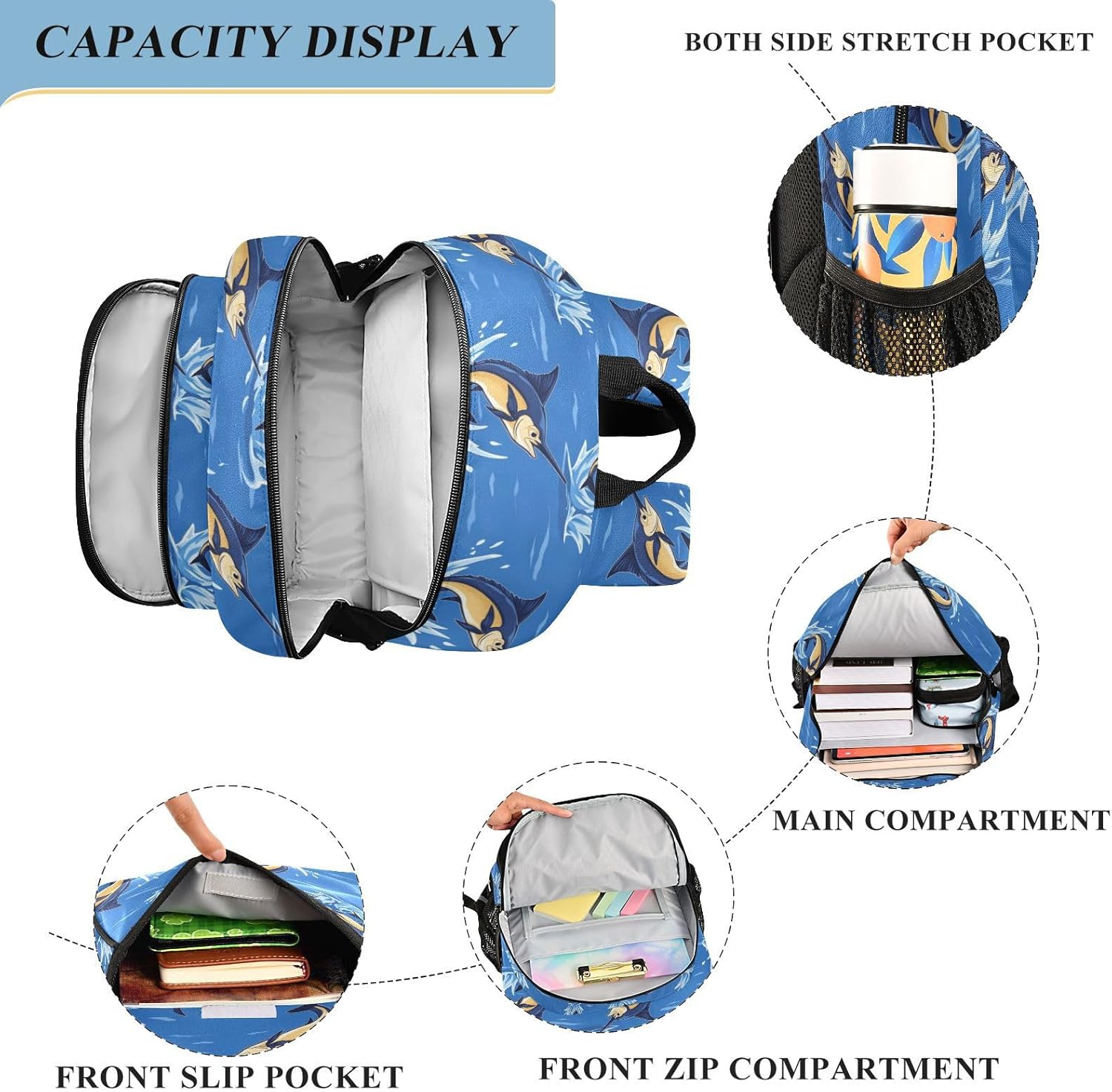 Kid's Backpack Cartoon Marlin Fish Blue Toddler Teens Backpack for Boys and Girls with Chest Strap,School Students Bookbag Daypack for Preschool Kindergarten Elementary
