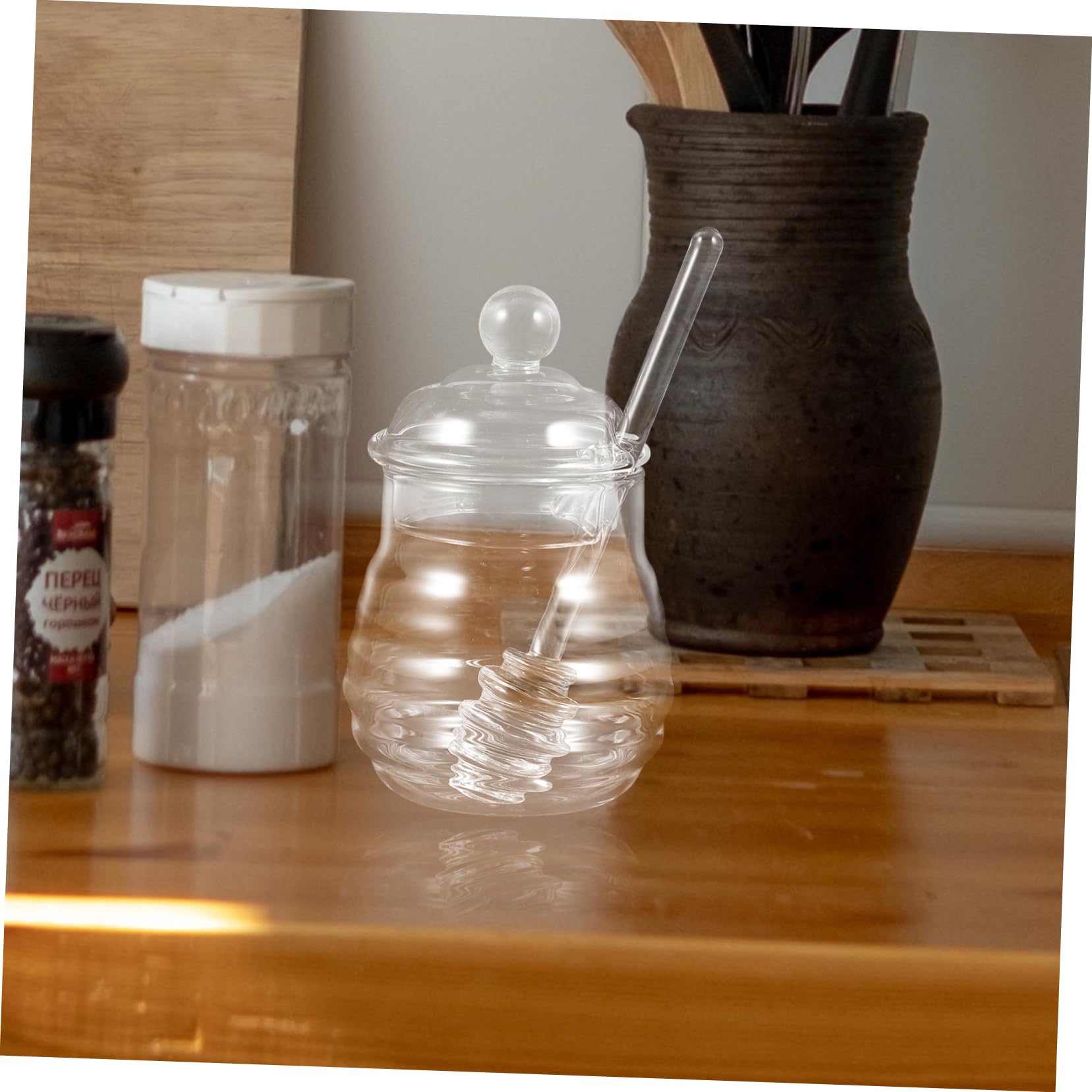 Mobestech Clear Glass Honey Pot Set with Honey Dipper and Lid for Kitchen Use Premium High Borosilicate Glass Spiral Design for Easy Dispensing for Home