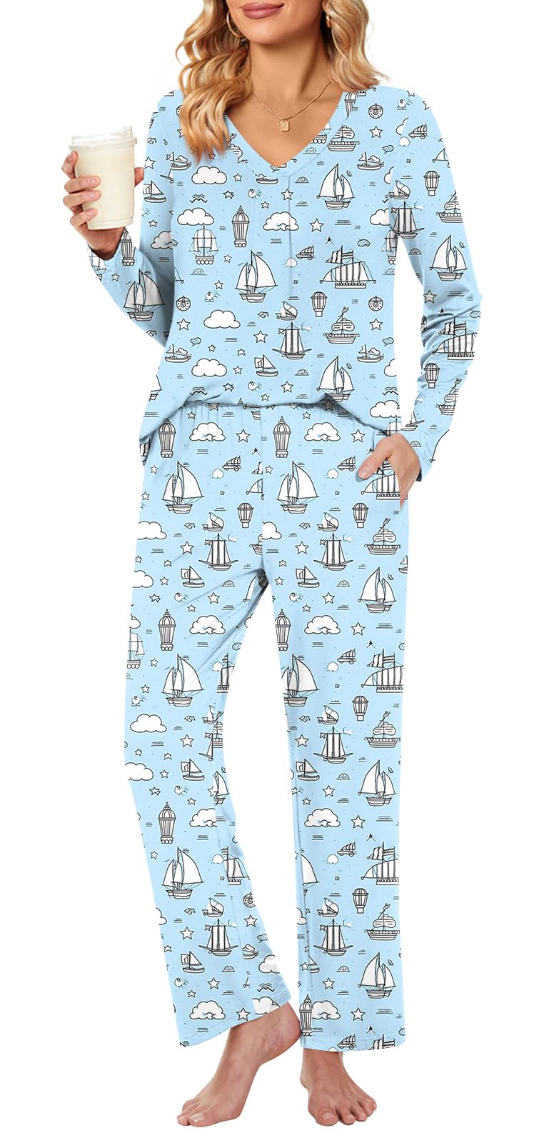 Bestbee Women's Pajama Set, 2 Piece Lounge Outfits V Neck Sleepwear Fall Long Sleeve Long Pants With Pockets Ladies Pjs