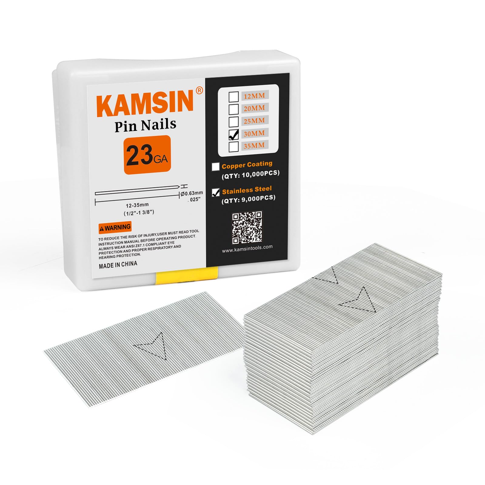 KAMSIN P630SS 23 Gauge Stainless Steel Pin Nails 1-3/16-Inch(30mm) Headless Pins for Pin Nailer, Ideal for Wood, Cabinets, Interior Decoration (9,000 PCS)