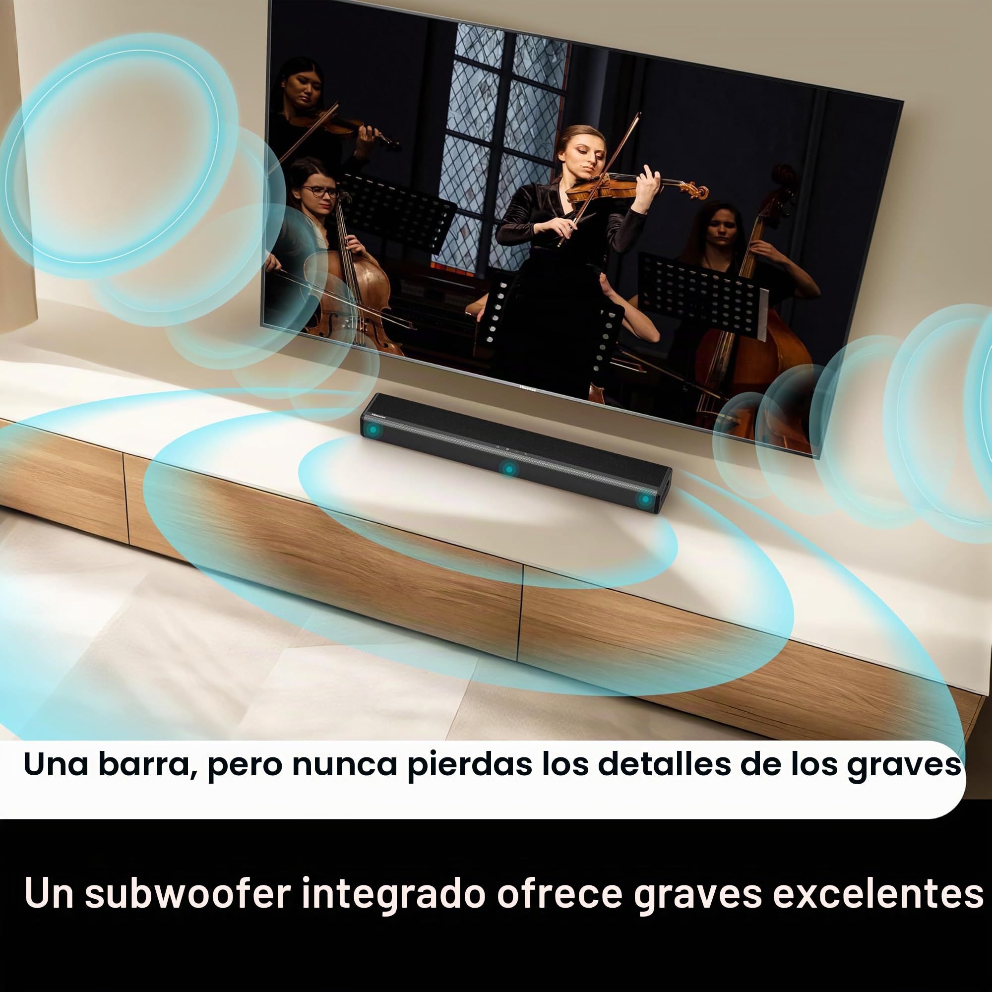 Hisense HS214 Barra de sonido de 2.1 canales, Con Subwoofer integrado, 108 W, Diseño Compacto todo en uno con Bluetooth, DolbyTV, HDMI ARC/Optical/AUX/ Audio, Roku USB, 3 modos EQ, Multicolo