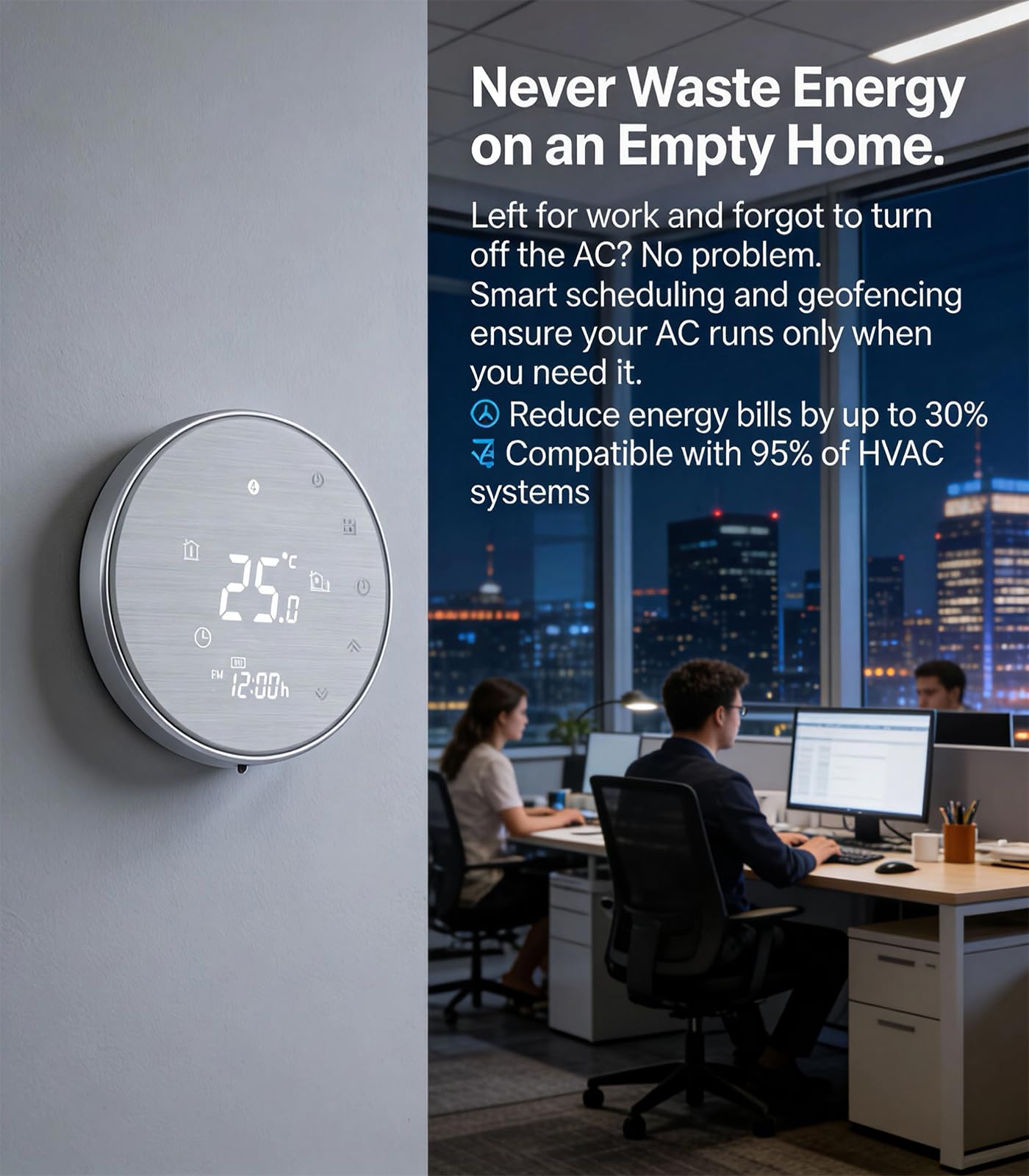 Smart Wifi Termostat Regulator temperatury Inteligentny klimatyzacja WIFI Okrągły termostat z 4-lampowym ekranem LCD, współpracuje z Alexa Google Home, chroni oczy,95~240V AC