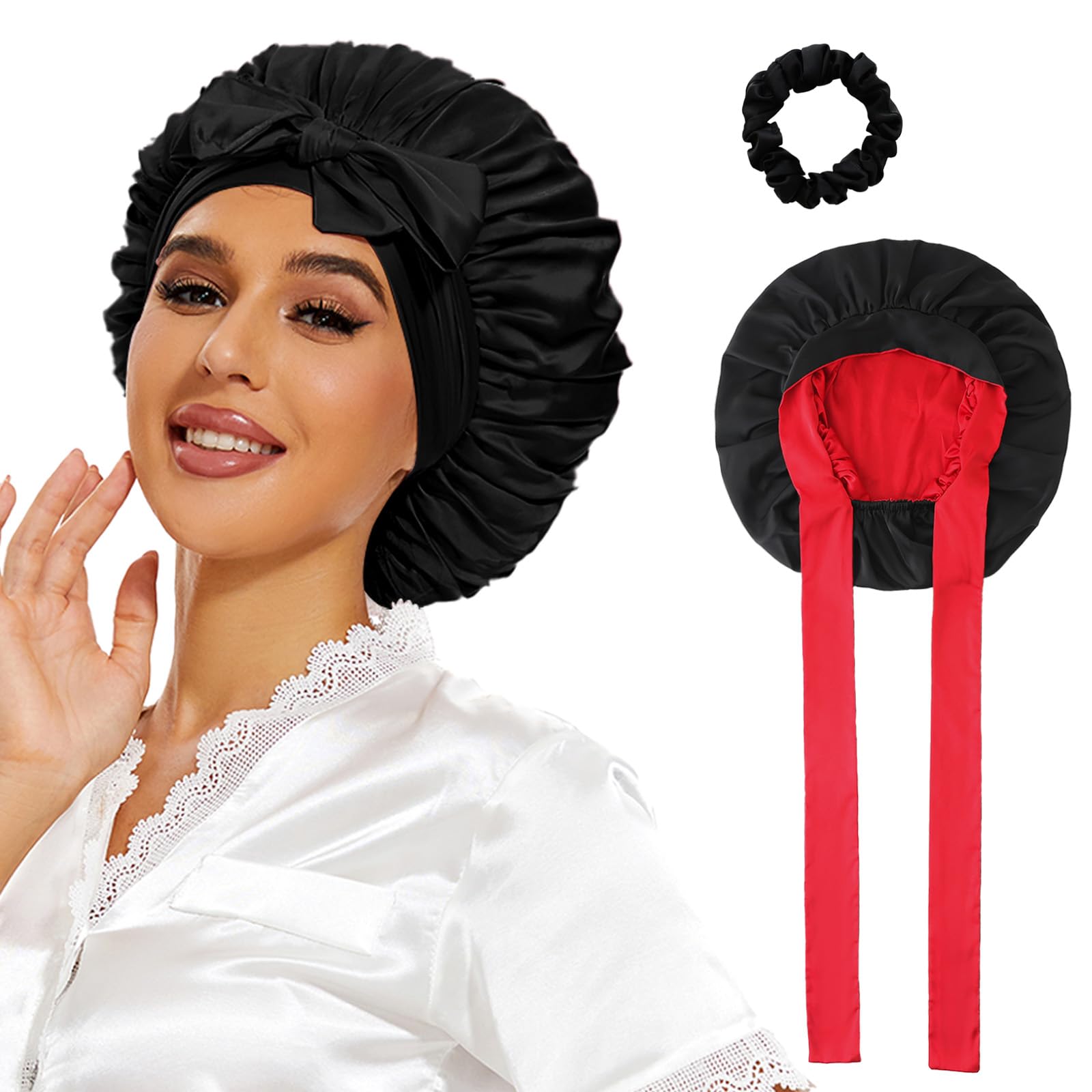 Satin Bonnet for Sleeping with Double Layered, Hair Silk Bonnet Long Wide Band, Tie Large Bonet for Curly Hair Braid