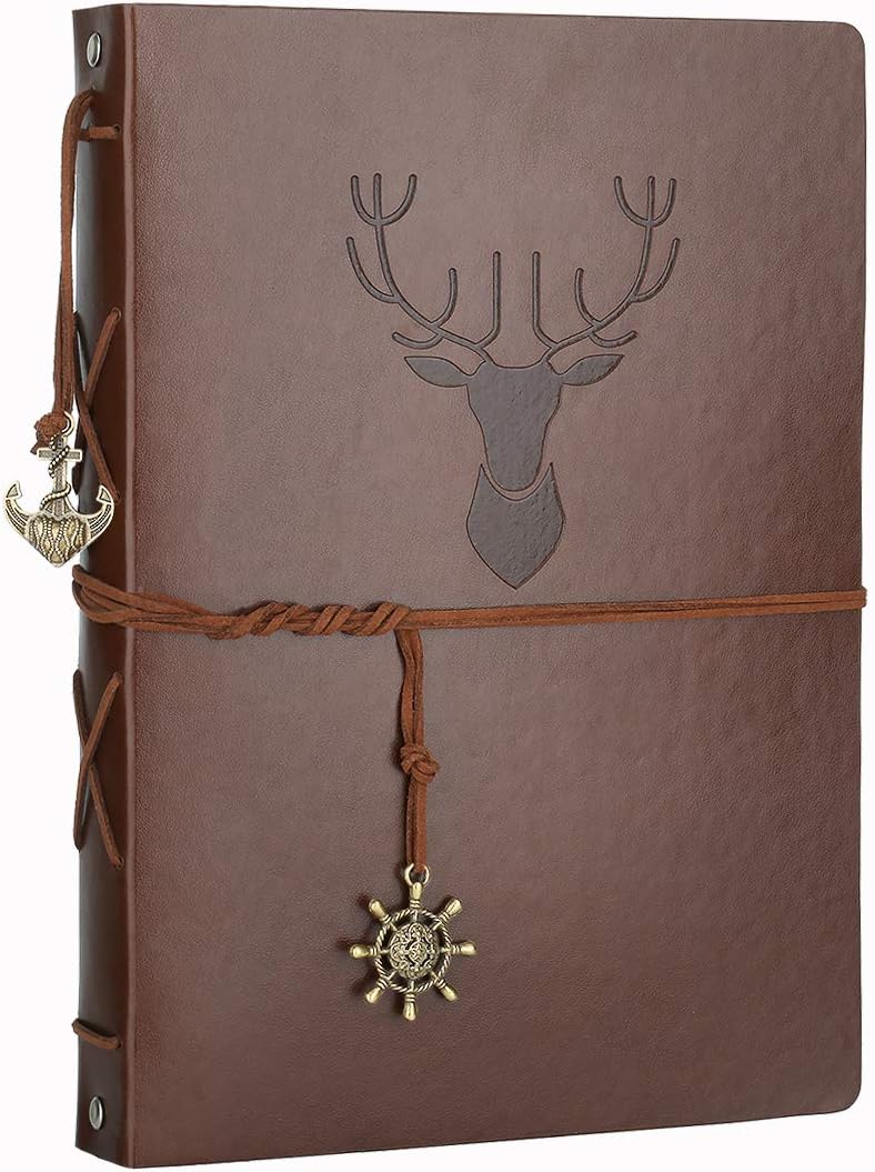 Scrapbook Photo Album, AIOR Memory Book Vintage Wedding Leather DIY Guest Book, 11 x 8.3 inches 60 Black Pages, Anniversary Birthday Valentines Presents for Women Men Mom Girls(Antlers)