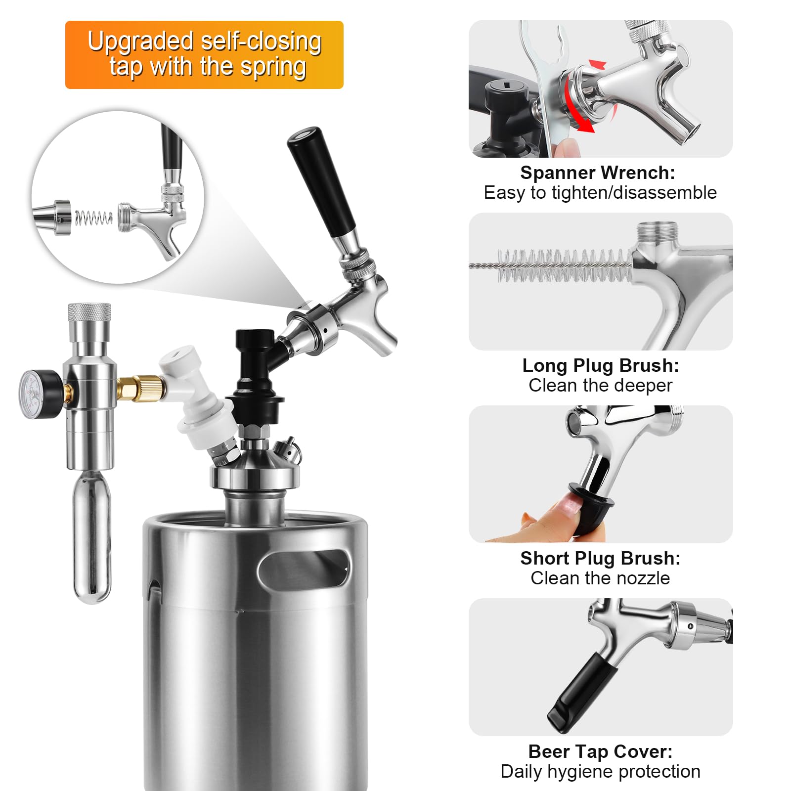 Upgrade Mini CO2 Regler & Kugelverriegelung Fass Tap Kit, 0-60 PSI Dual Hold Stabiler Mini Fass Regler, Edelstahlkern Selbstschließender Bierhahn mit Kugelverriegelung Trenner für Corny Fass
