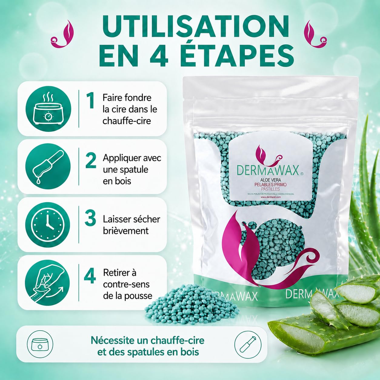 DERMAWAX Perles de Cire Chaude Épilation Sans Bande Aloe Vera 1 kg – Cire Pelable Professionnelle Basse Température, Application Multidirectionnelle – Made in Italy, Peaux Sensibles, Maillot, Visage