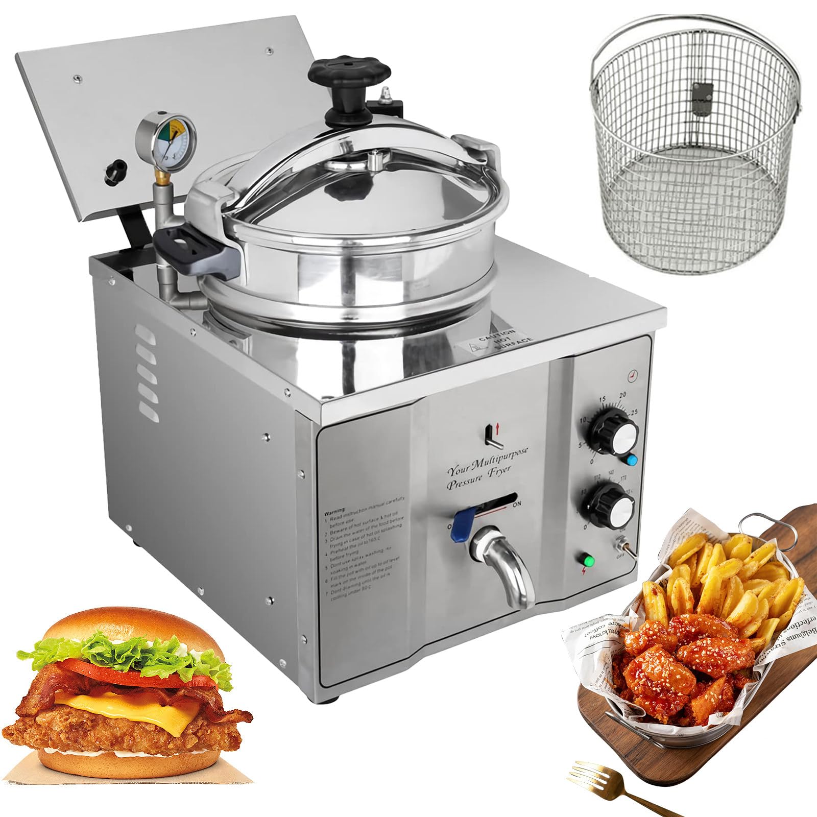 Fornello per Pollo Fritto ad Alta Pressione da 16 Litri, 110 V, 3kW, friggitrice elettrica da banco in Acciaio Inox per Snack Bar e ristoranti Friggitrice a Pressione