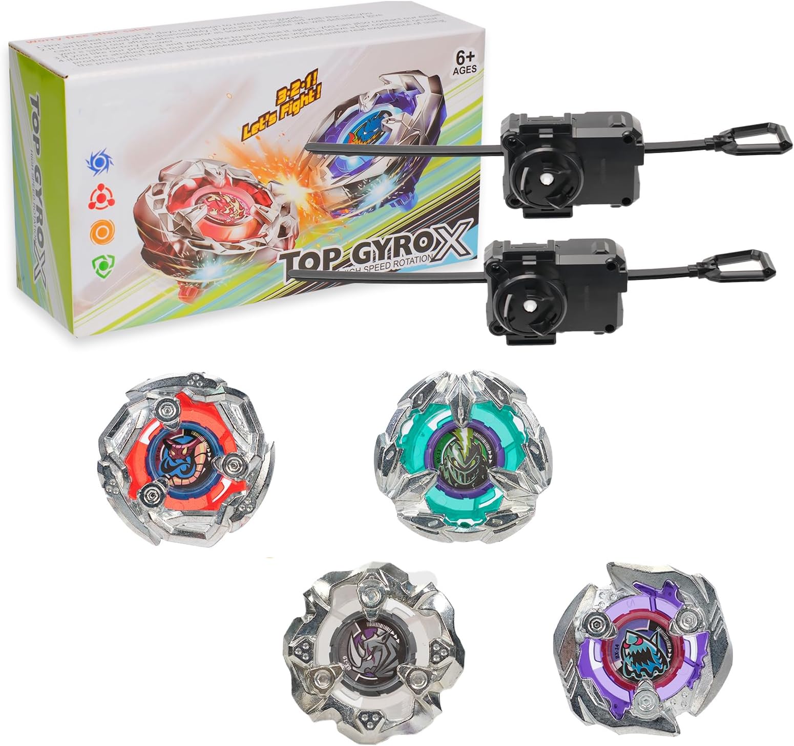 X Battling Tops Set, 4 Burst Tops with 2 Launchers, Starter Kit for Children Aged 6+, Multiplayer Combat Arena Game for Competitive Play