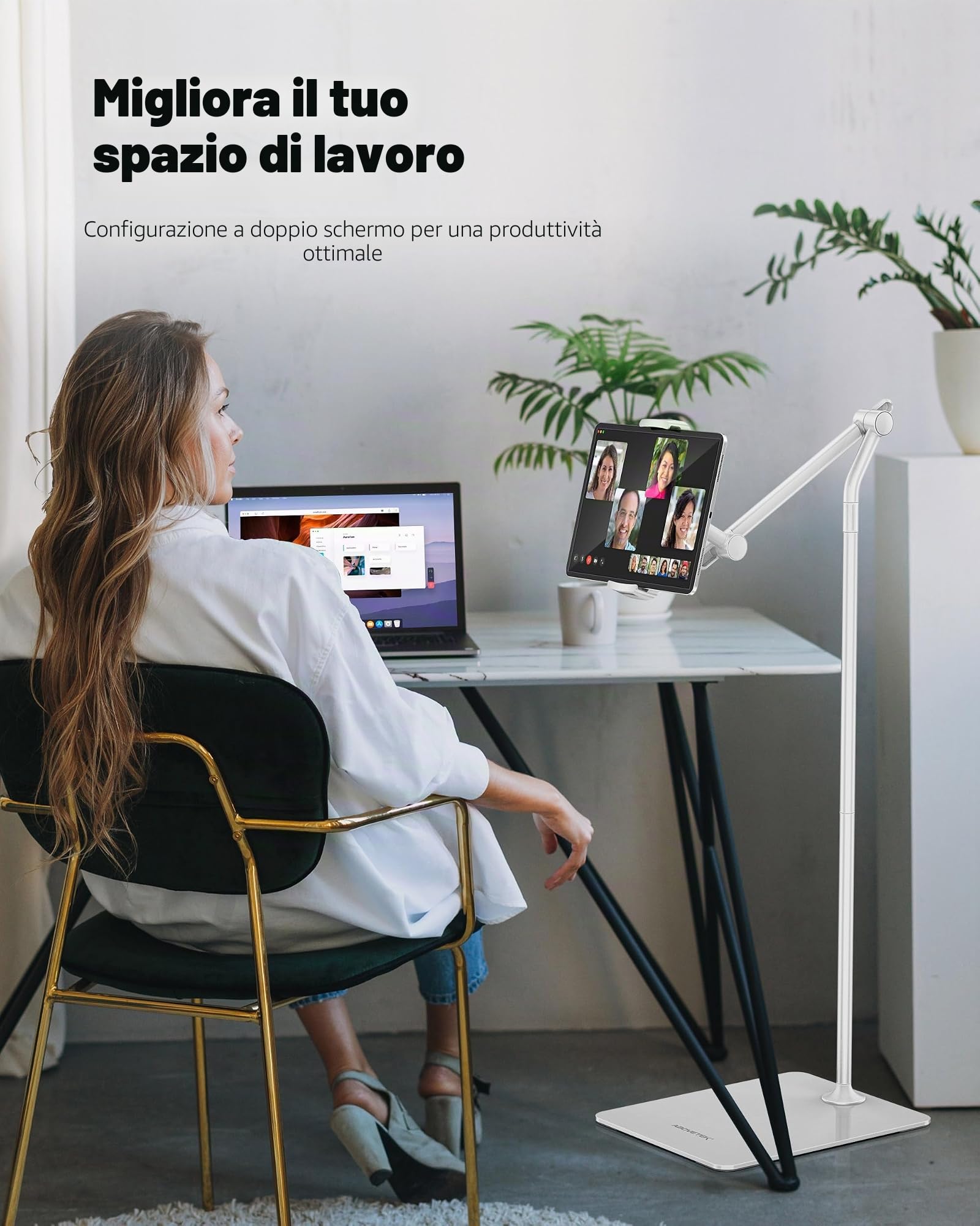 AboveTEK Supporto da Pavimento per Tablet, Elegante Supporto iPad Regolabile, Porta Tablet e Telefono in Alluminio con Rotazione a 360° per Divano e Letto per iPad Pro Air Mini da 4,7"-13,5" (Bianco)