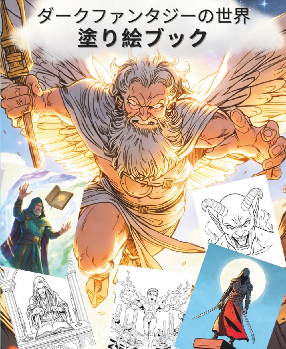 ダークファンタジーの世界 – 塗り絵: 魔法の世界、魔女、魔法使い、戦士、神々、神話の生き物を塗る