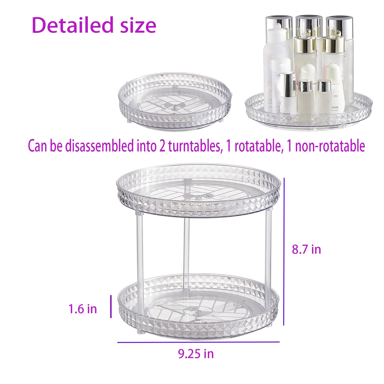 2 Tier Lazy Susan Organizer, Vanity Countertop Makeup Organizing Turntable Kitchen Spice Rack, Raised Edge Swivel Organizer for Spices, 2 Tier Table top Display Shelf Round, Dining Room Organizer